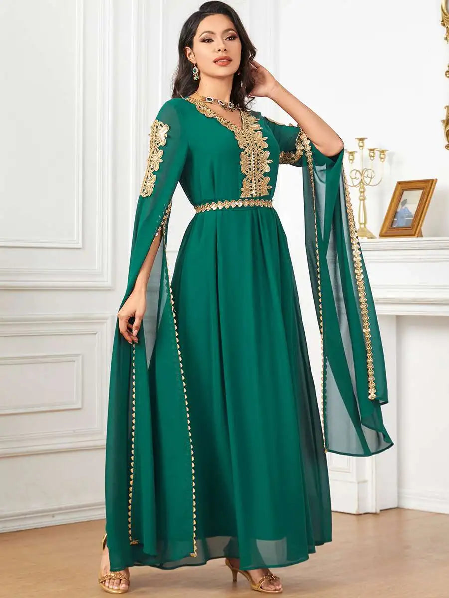 Elegant Eid Arab Caftan Dress with Flowy Chiffon Fabric and Raglan Sleeves - Perfect for Eid Celebrations, Weddings & Special Occasions