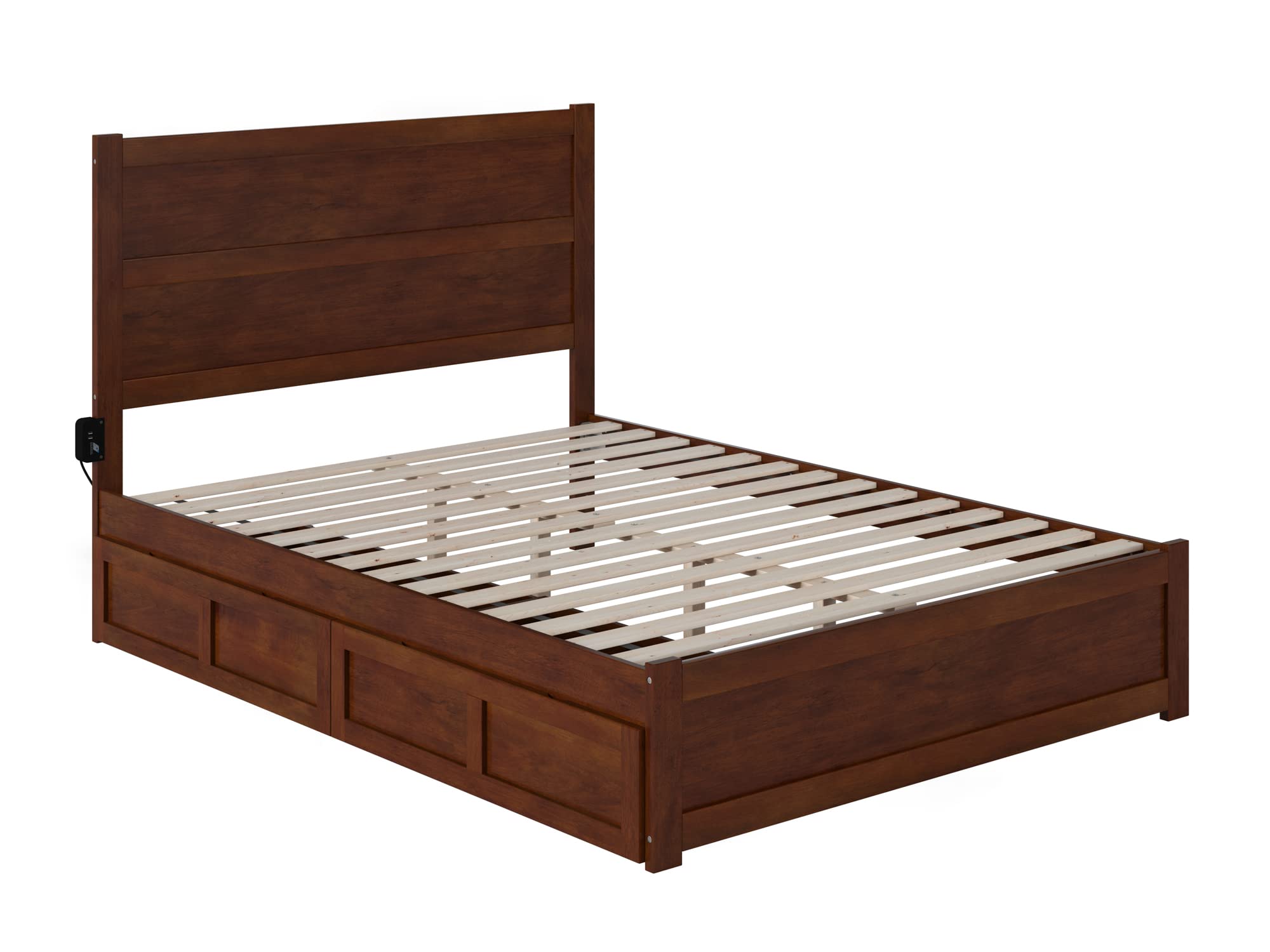 AFI NoHo Queen Size Platform Bed Frame with Footboard & 4 Storage Drawers, Solid Walnut Finish - Modern Bedroom Furniture for Small Spaces & Guest Rooms