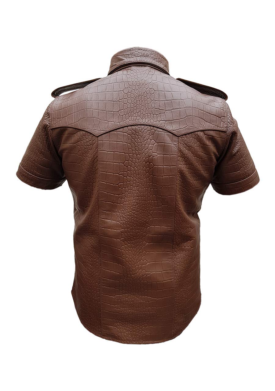 Men's Brown Alligator Print Leather Police Style Uniform Shirt - Authentic Look for Cosplay, Halloween & Role Play | BLUF Gay Collection