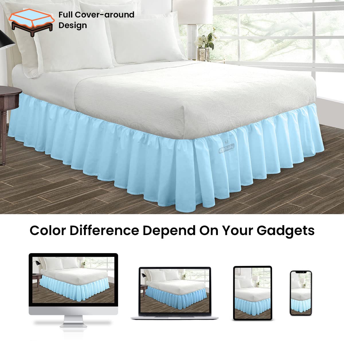 SGI Bedding 18 Inch Ruffled Microfiber Bed Skirt - Fade & Wrinkle Resistant, Anti-Static King Size Bed Skirt with Extra Storage Space - Light Blue Decorative Bed Skirt for Clutter-Free Bedroom & Guest Room Makeover