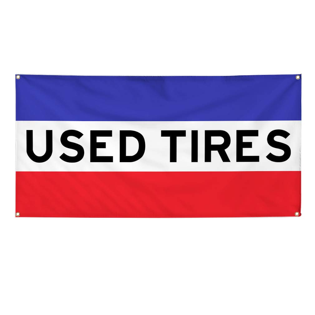Durable Vinyl Banner for Outdoor Advertising - Weatherproof, Industrial Yard Signs (12x30 Inches, White/Red, 4 Grommets) - Perfect for Used Tires, Automotive & Business Promotion