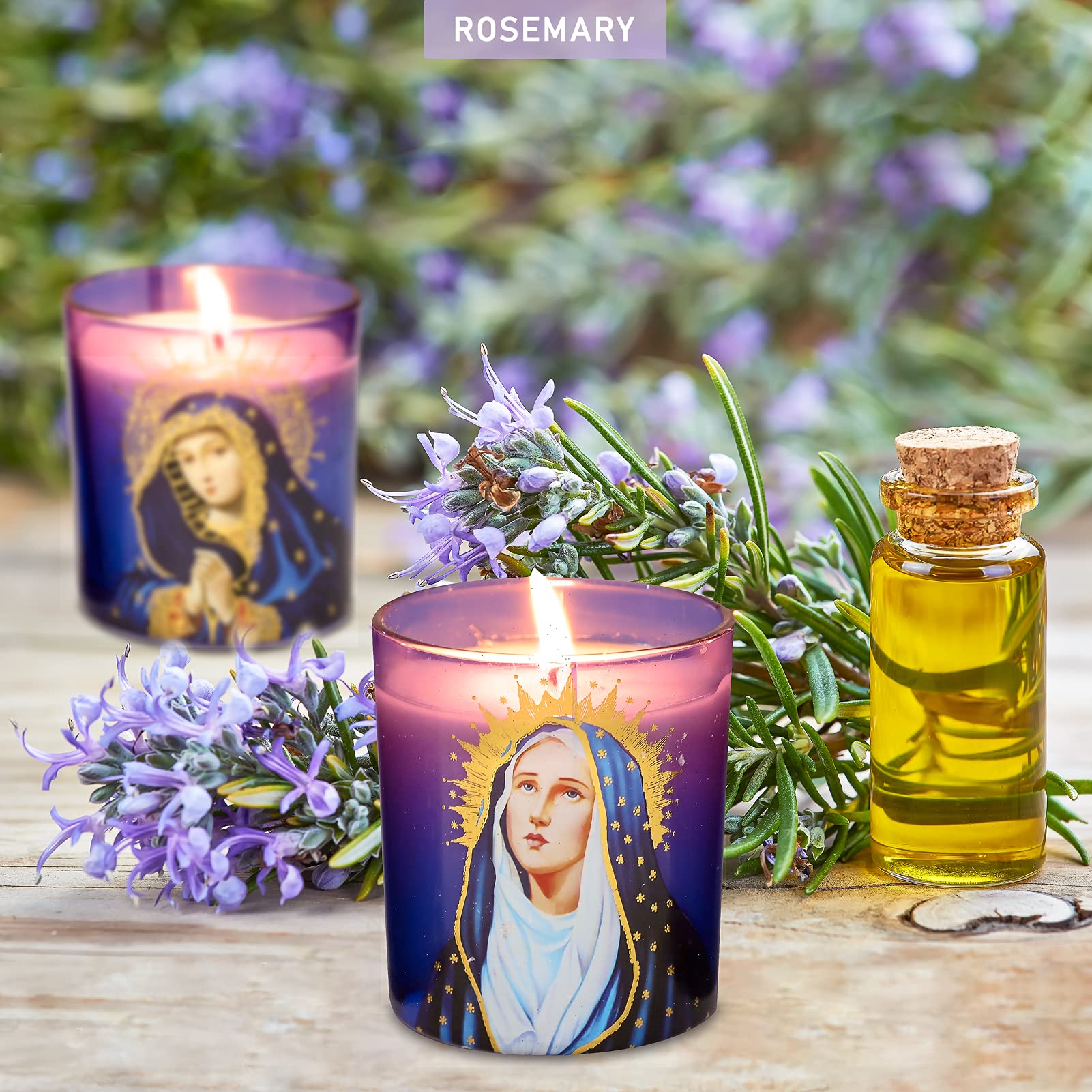 Blessed Virgin Mary Scented Candles - Set of 3 Purple Glass Votive Candles for Catholic Church, Home Altar & Prayer - Long-Lasting Rosemary Scented Soy Wax Jar Candles for Meditation, Devotion & Spiritual Relaxation