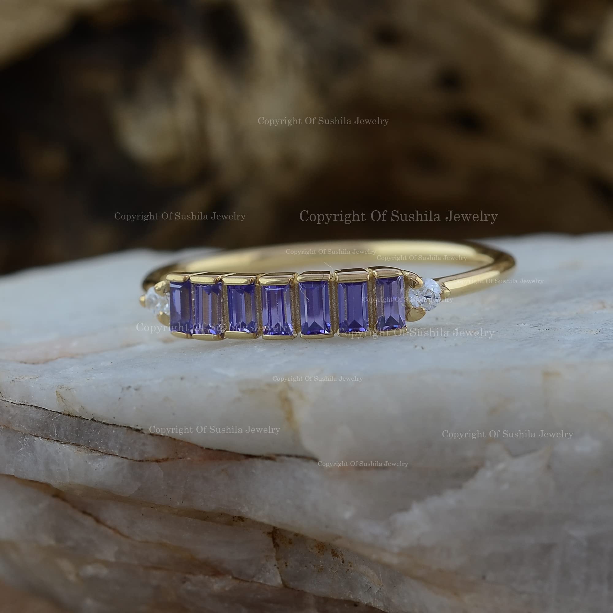 14K Gold Half Eternity Band Ring with Genuine Baguette Amethyst - February Birthstone Diamond Wedding Ring for Women | Elegant Gift for Anniversary, Valentine's Day & Special Occasions