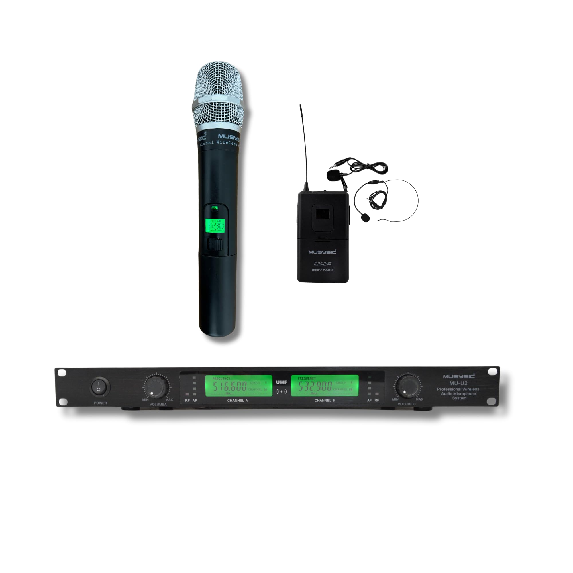 MUSYSIC U2HL 2-Channel UHF Wireless Microphone System - Handheld, Lapel & Headset Mic for Professional Performances, Events & Church (FCC Certified)