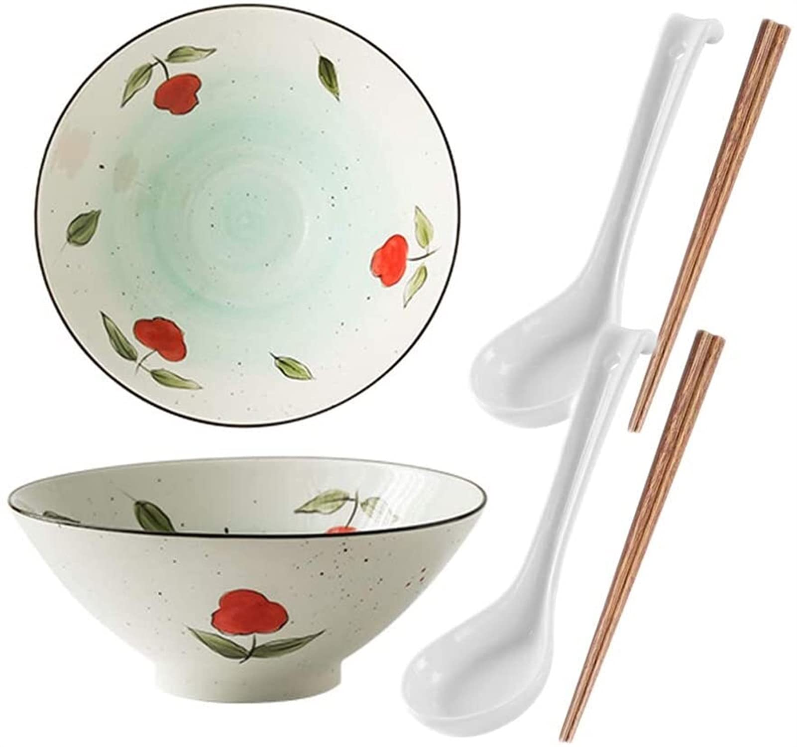 Premium Ceramic Ramen Bowl Set - 2 Large Japanese Noodle Bowls with Chopsticks & Spoon - Porcelain Udon/Soba/Salad Bowl - Perfect for Asian Cuisine, Home Dining & Restaurant Use