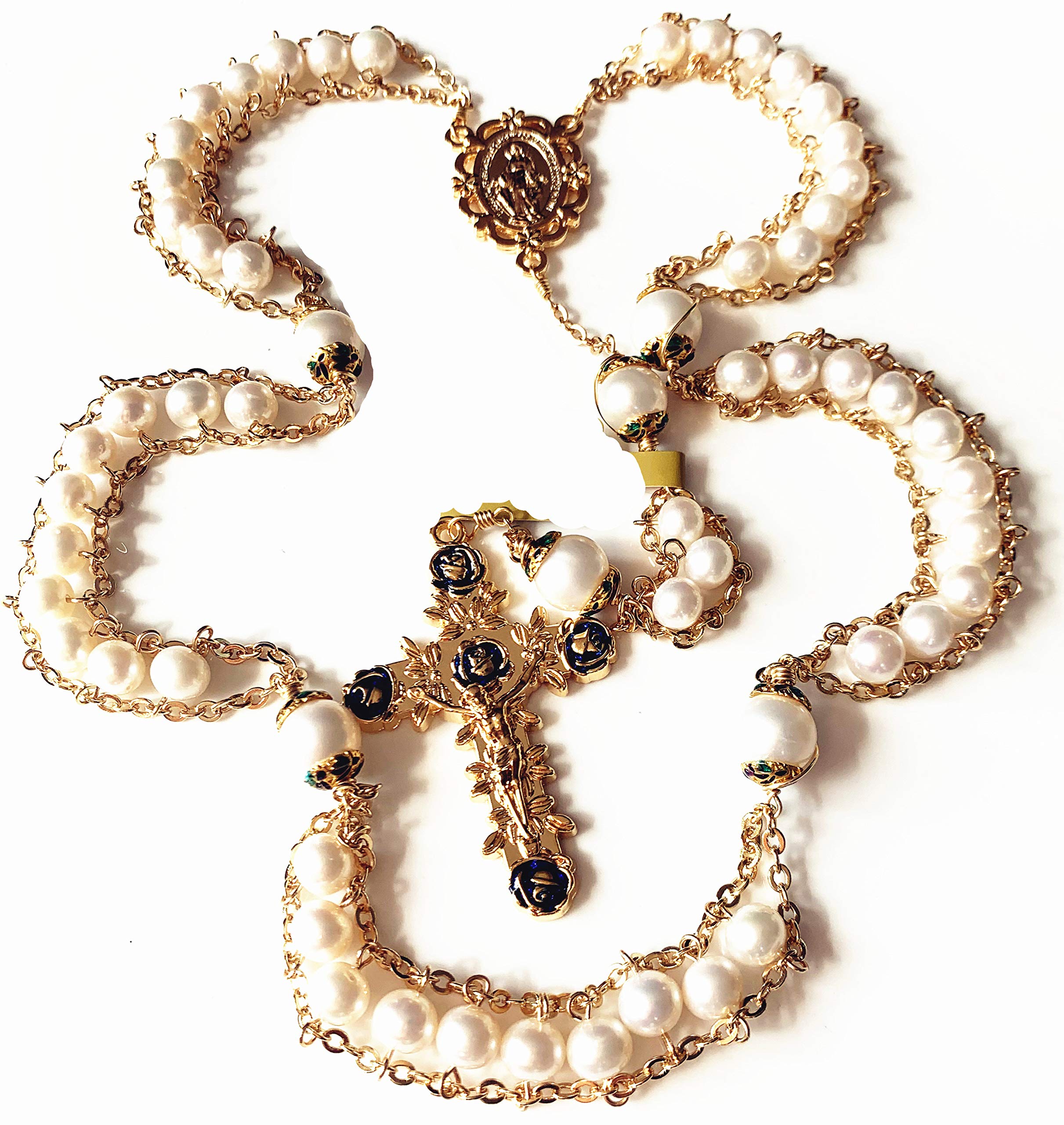 18K Gold-Plated Pearl Rosary Necklace for Catholic Prayer