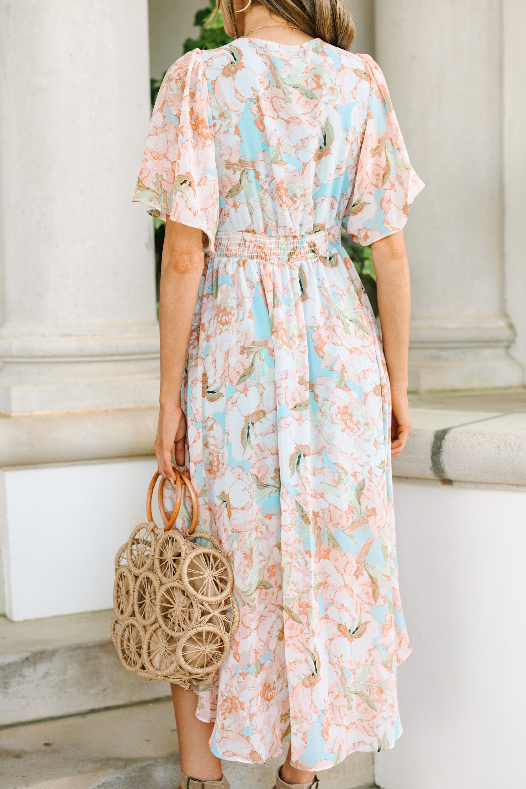 Field Of Dreams Light Blue Floral Midi Dress - Women's Summer Boho Dress for Beach, Wedding & Vacation