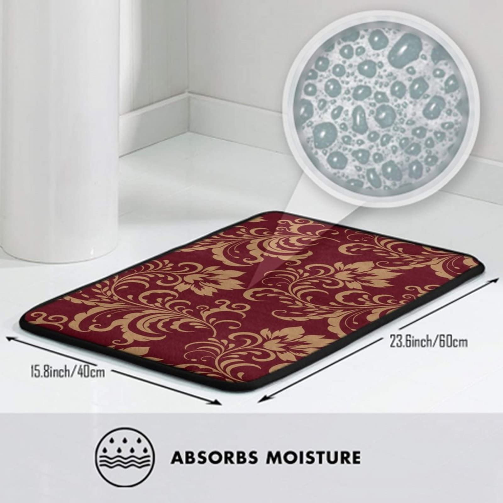 Premium Non-Slip Memory Foam Bathroom Rug - Soft Thick Floral Doormat for Entrance, Shower & Floor (15.8x23.6 Inch) - Elegant Maroon Gold Burgundy Design - Perfect for Bathrooms, Bedrooms & High-Traffic Areas