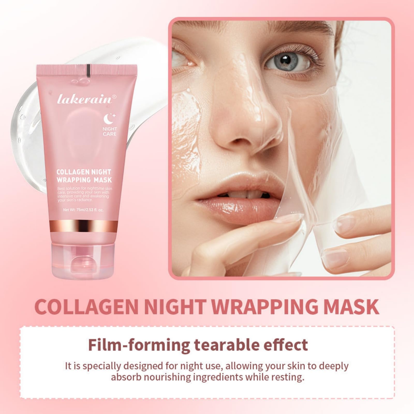 Collagen Night Wrapping Peel Off Facial Mask - Hydrating & Firming Overnight Face Treatment with Hydrolyzed Collagen | Reduces Wrinkles & Sagging for Dry, Dehydrated Skin | Perfect for Nighttime Skincare Routine & Anti-Aging Care