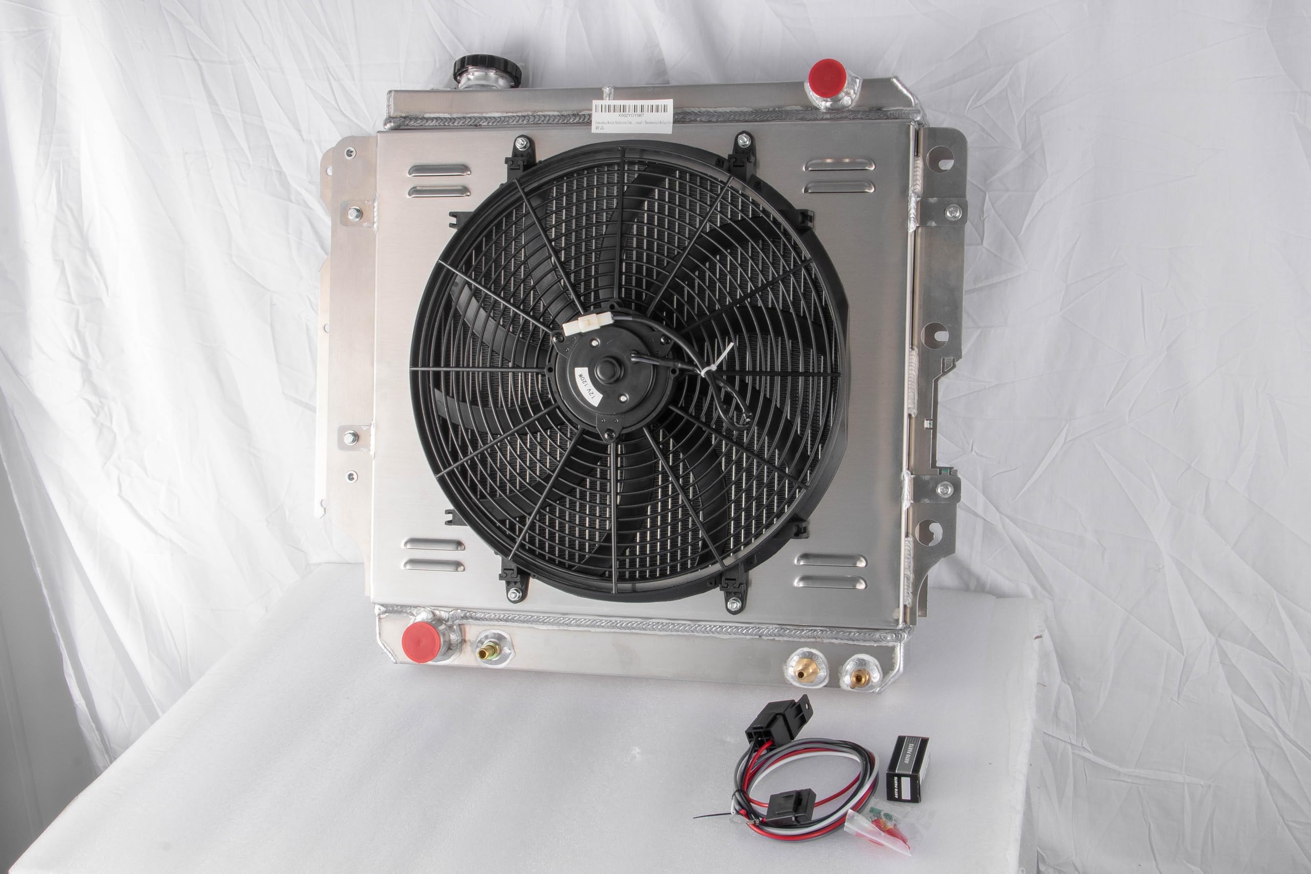 1987-2006 Jeep Wrangler TJ 3-Row Aluminum Radiator with Fan Shroud & Thermostat Relay Kit - High Performance Cooling Upgrade for Off-Road Adventures & Daily Driving