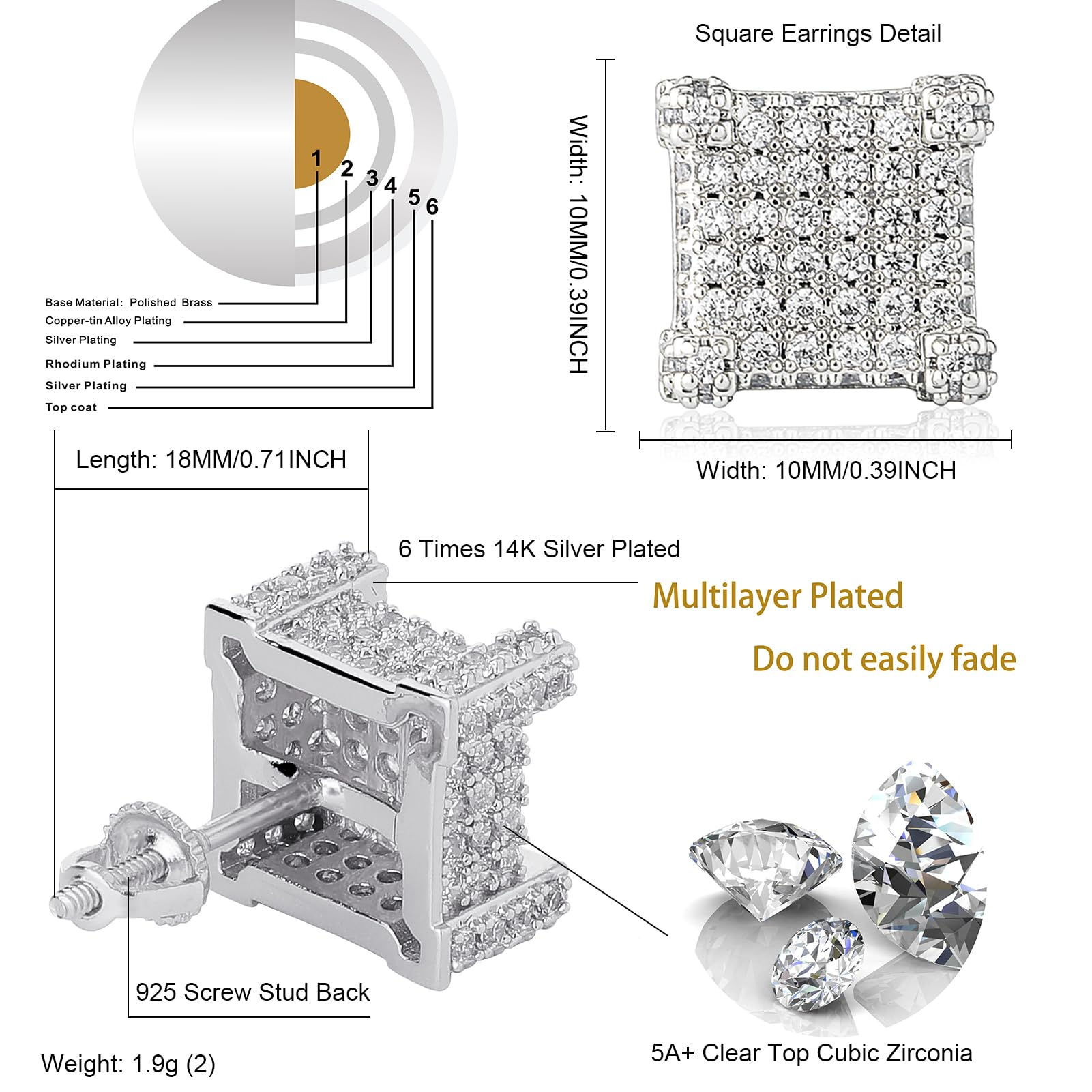 TOPGRILLZ 925 Sterling Silver Square Screw Stud Earrings - 14K Gold Plated 5A+ Cubic Zirconia Iced Out Hypoallergenic Earrings for Men & Women | Perfect for Parties, Weddings & Everyday Luxury