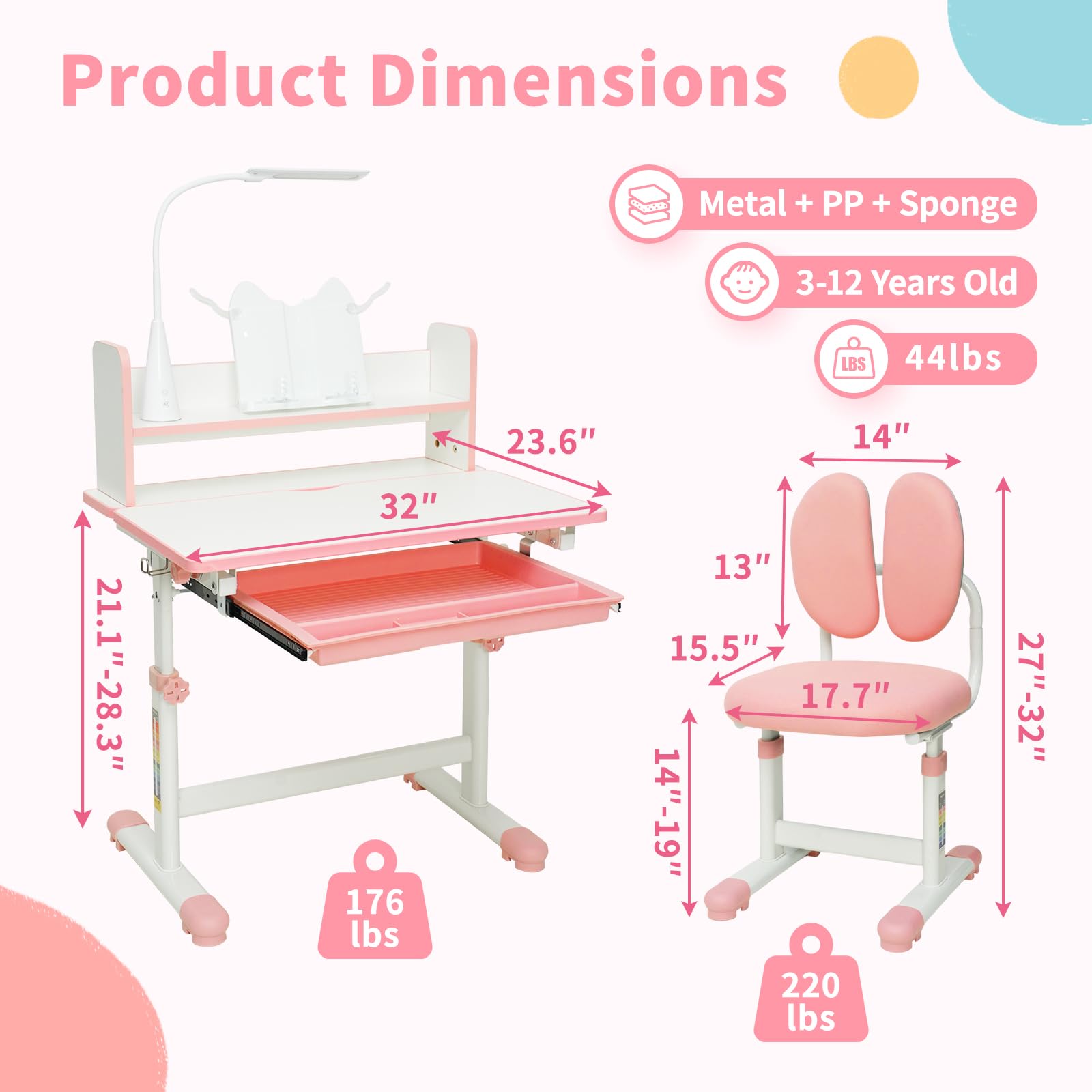 MOOITZ Adjustable Kids Desk and Chair Set with LED Lights, 60° Tilting Tabletop & Storage Drawers - Ergonomic Study Desk for Children, Pink - Perfect for Homework, Drawing, and Online Learning