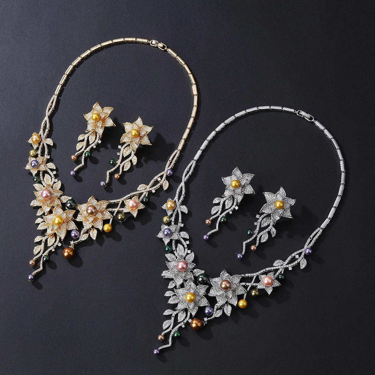 Luxury Cubic Zirconia Pearl Statement Necklace & Earrings Set - Elegant Jewelry for Women, Party & Evening Wear - Perfect for Weddings, Prom & Special Occasions