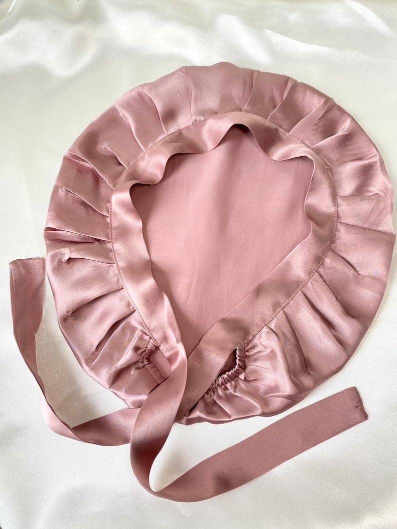 Atrube Satin Silk Hair Bonnet Cap with 3 Premium Scrunchies - Adjustable Sleep Cap for Curly Hair & Scalp Massager - Pink Hair Wrap for Nighttime Protection & Styling