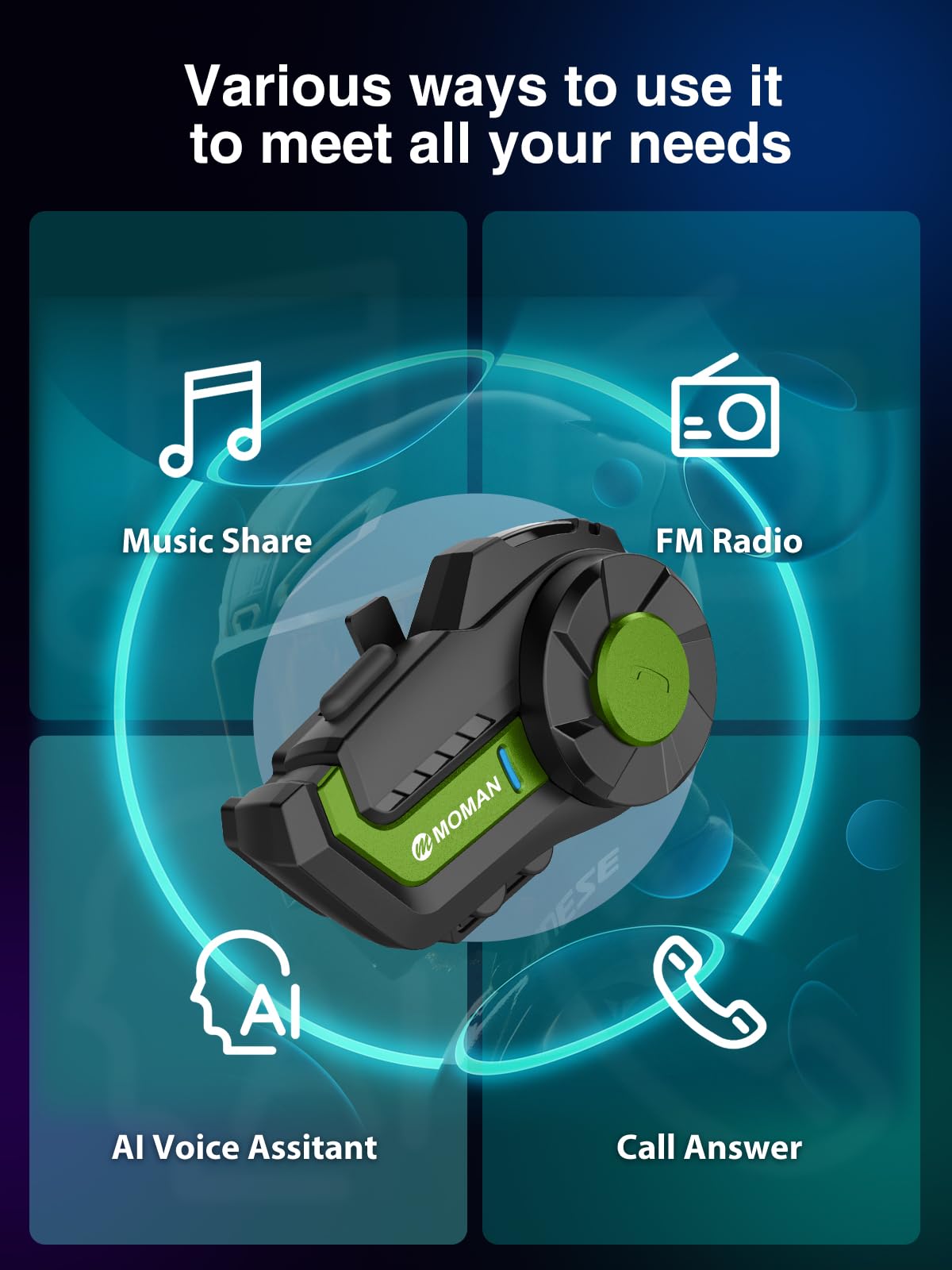 Moman H2 Pro Motorcycle Helmet Intercom System - Wireless Bluetooth 5.1 Communication Headset with DSP & CVC Noise Cancellation, AI Voice Assistant, Music Sharing (Green) - Perfect for Group Riding, Touring & Adventure Motorcycling