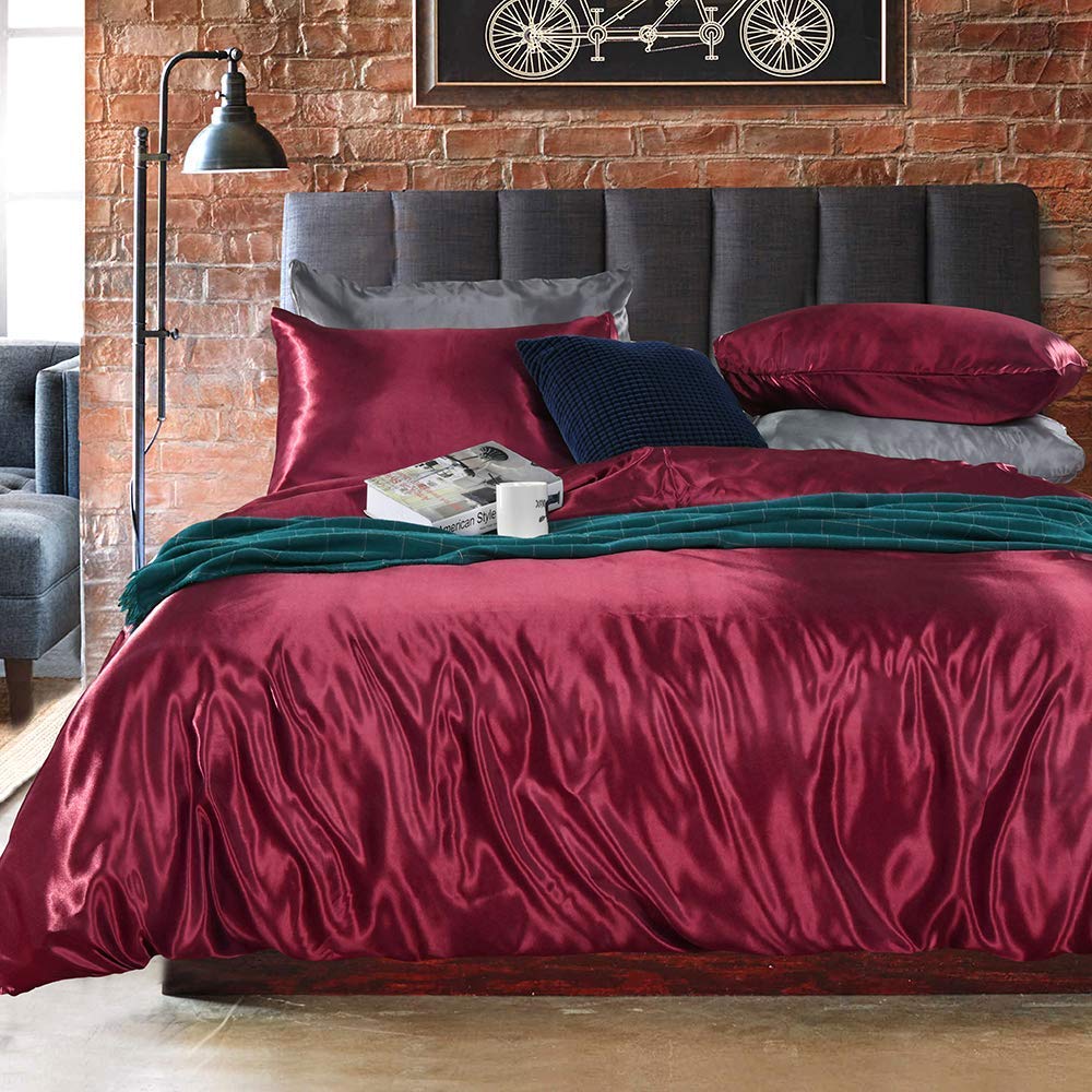 Luxurious Silk-Like Satin 5-Piece Comforter Set - Ultra Soft & Durable (Comforter, Flat Sheet, Fitted Sheet, 2 Pillow Cases) - Burgundy California King Size Bedding for Master Bedroom & Guest Room Elegance