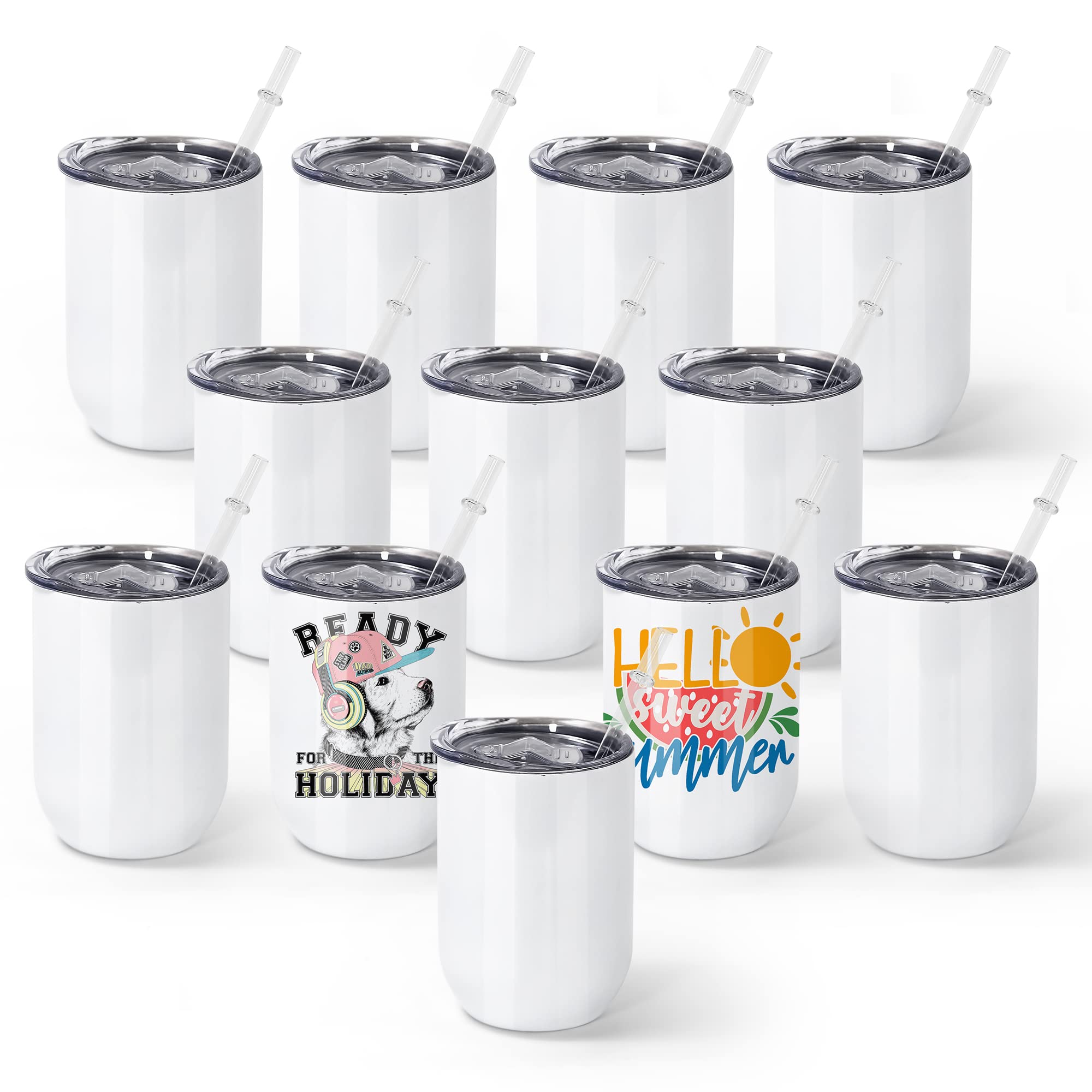 AGH 12oz Sublimation Wine Tumbler Blanks - Set of 12 Stainless Steel Insulated Stemless Wine Glasses with Lids - Perfect for Wine Lovers, Party Favors & Personalized Gifts for Women - Great for Home Entertaining, Bridal Showers & Holiday Celebrations