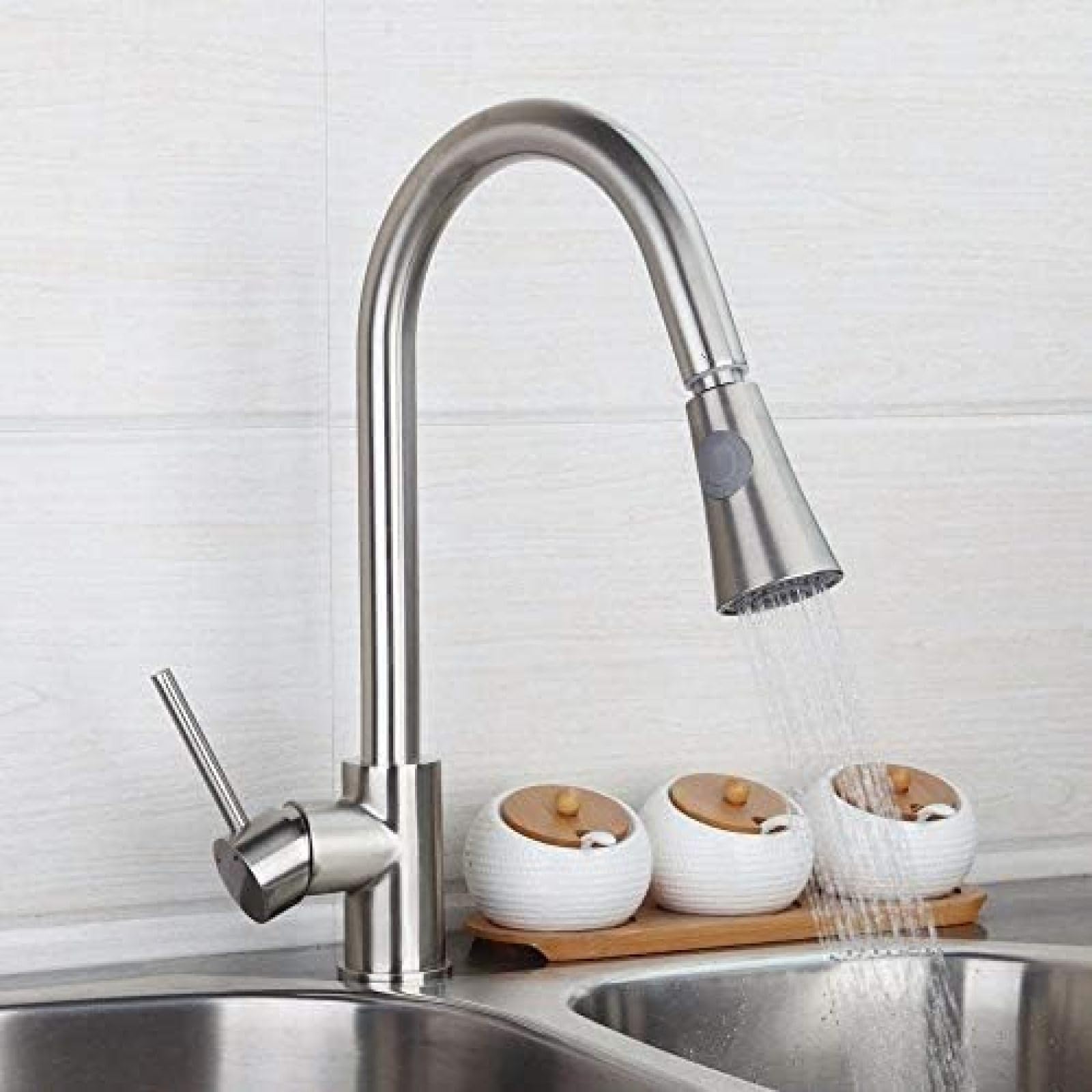 CRJUS Brushed Nickel Solid Brass Kitchen Faucet with Pull Out Spray - Single Handle Deck Mounted Sink Mixer Tap for Modern Kitchens | Perfect for Cooking, Washing Dishes & Food Prep