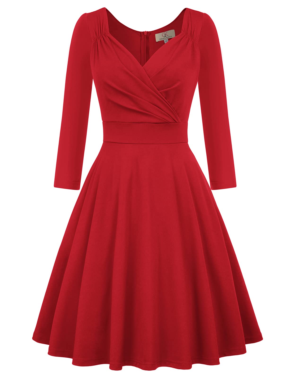 GRACE KARIN Women's 3/4 Sleeve Flared Wrap V-Neck Swing Dress - Elegant Cocktail, Wedding Guest & Party Dress for Special Occasions | Perfect for Evening Events, Bridal Showers & Date Nights