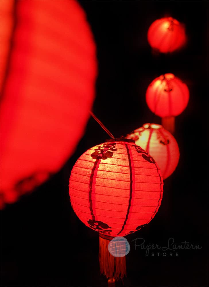 16 Inch Traditional Chinese New Year Paper Lantern String Lights - 31 FT Expandable LED Lantern Decor with Black Cord | Indoor Outdoor Party Wedding Festival Decoration