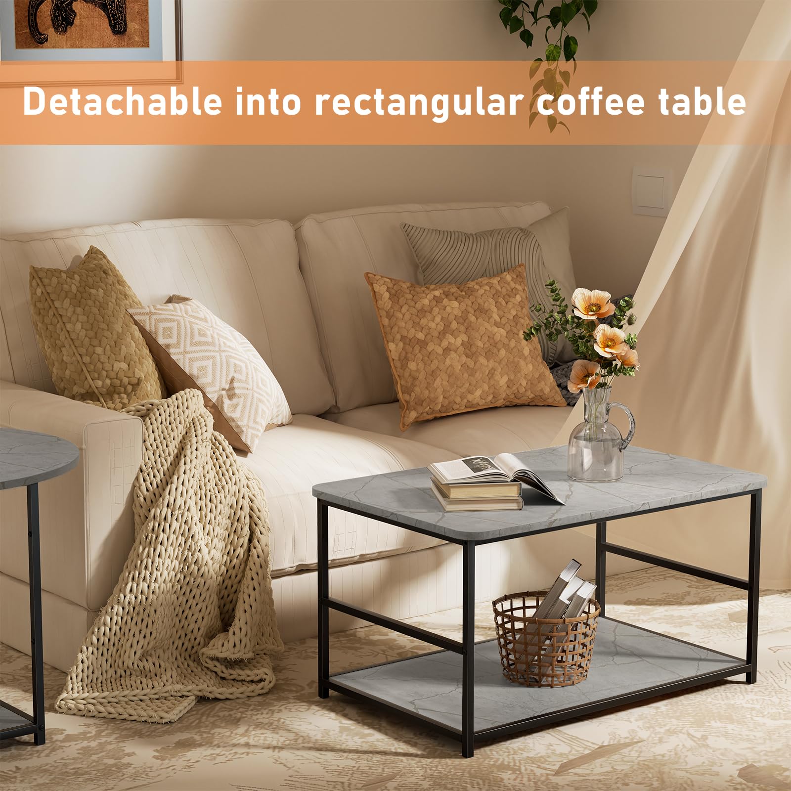 Modern WOHOMO Coffee Table with Storage - 2-in-1 Detachable Marble Top Living Room Center Table (Grey) - Perfect for Small Spaces, Apartments & Contemporary Home Decor