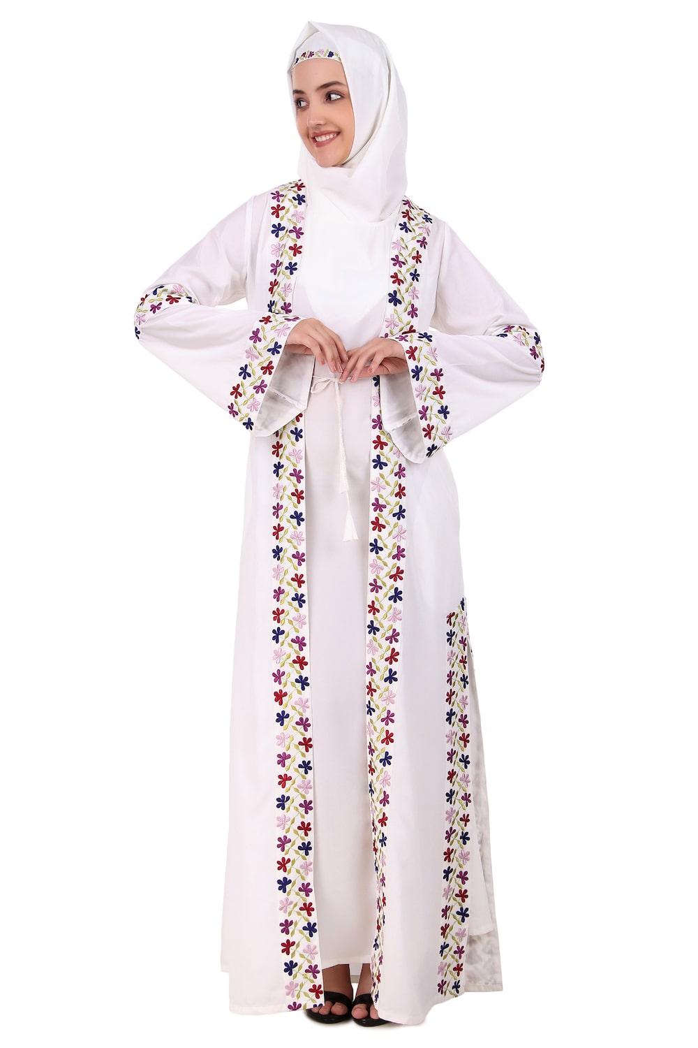 Elegant White Embroidered Front Open Abaya for Women - Perfect for Prayer, Modest Fashion, and Special Occasions