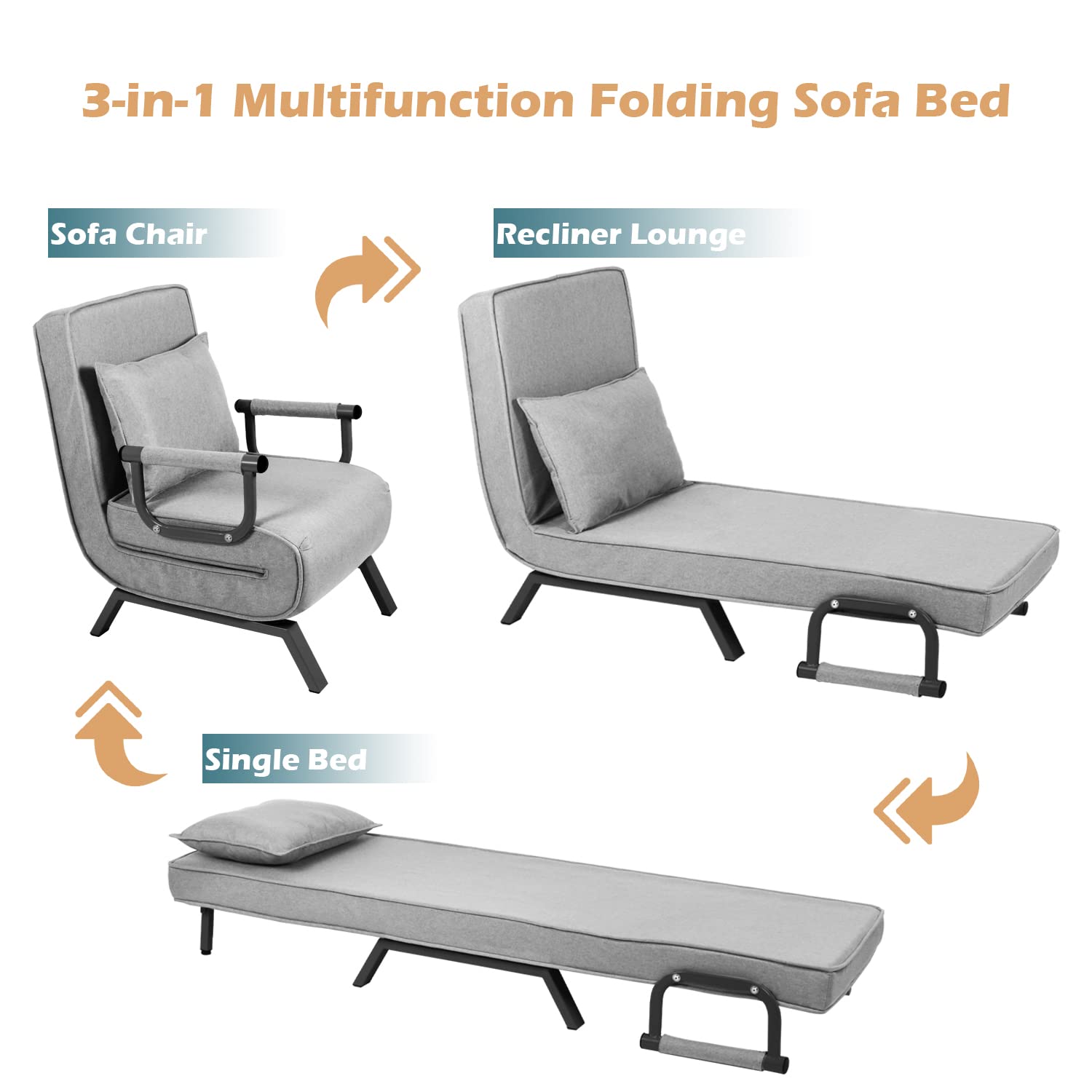 5-Position Convertible Sofa Bed with Removable Cover - Foldable Armchair Sleeper, Full Padded Lounger for Living Room, Guest Room & Home Office - Includes Comfort Pillow (Grey) - Perfect for Small Spaces, Overnight Guests & Multi-Functional Furniture Needs
