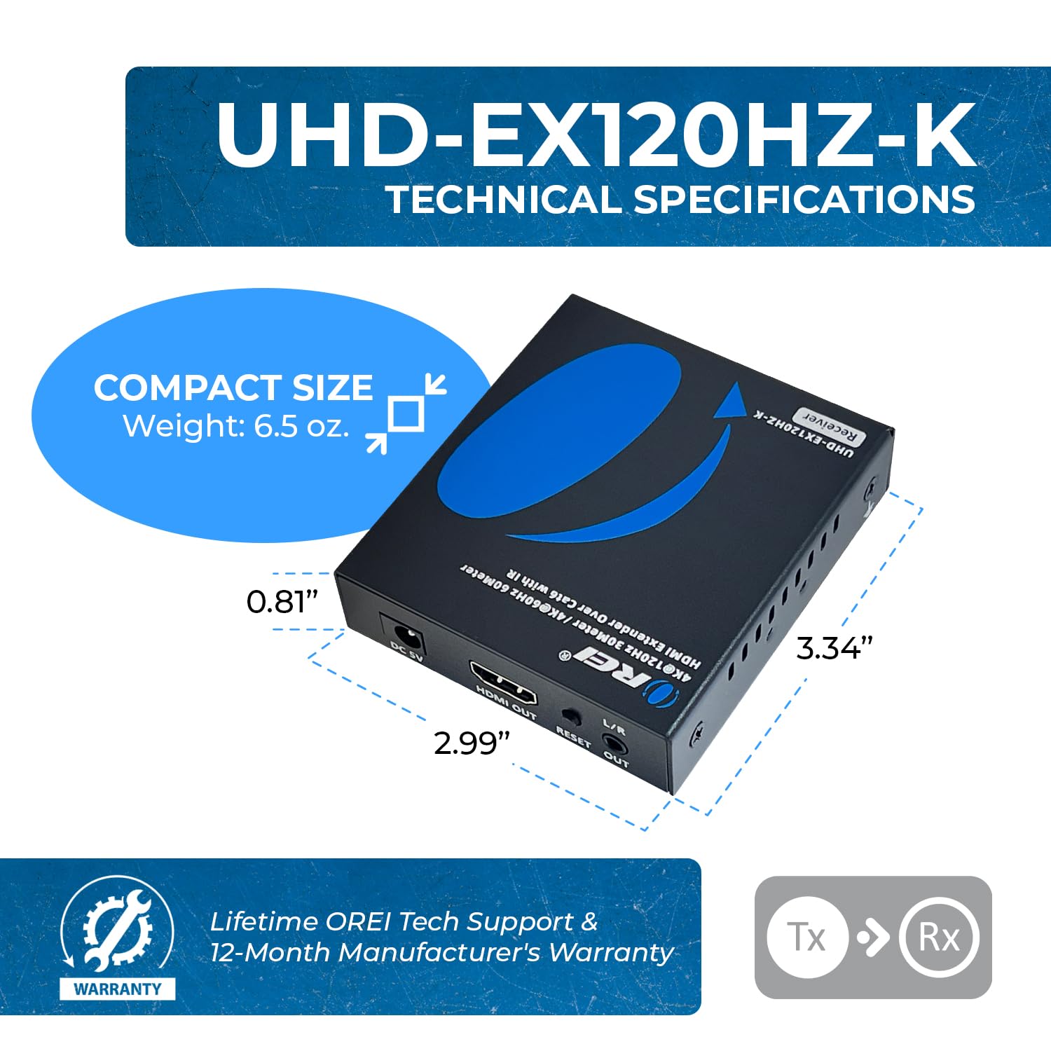 OREI 4K @ 120Hz HDMI Over Ethernet Extender Balun - UltraHD 4:4:4 HDR with IR & RS-232 Control | Single CAT6/7 Cable Support up to 100ft | Audio L/R Out | Perfect for Home Theater, Gaming & Professional AV Setups (UHD-EX120HZ-K)