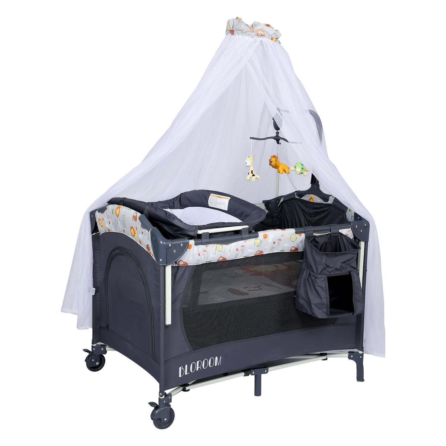 BLOROOM 6-in-1 Baby Bedside Sleeper & Bassinet with Toys, Music Box, Mattress - Foldable Portable Playard & Travel Crib for Newborns, Infants, Boys & Girls (Grey) | Perfect for Nursery, Bedroom & Travel Use