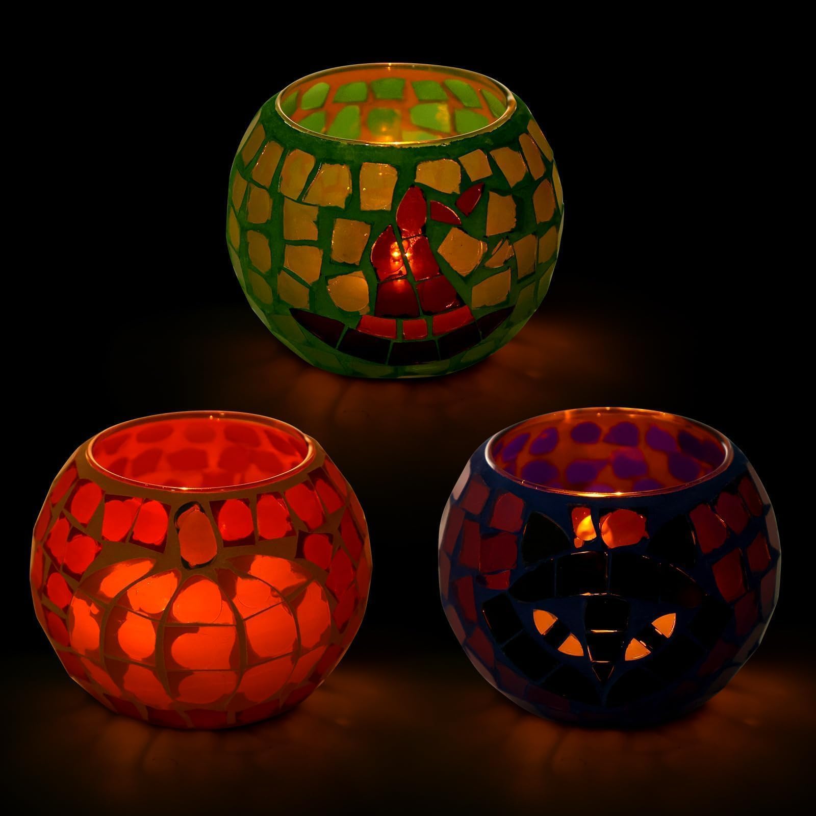 Black Cat Mosaic Glass Tealight Holders Set of 3 - Halloween Pumpkin Gothic Votive Candle Holders for Party Centerpiece & Dinner Table Decor - Perfect for Halloween Home Decor, Spooky Dinner Parties & Gothic Weddings (Candles Not Included)