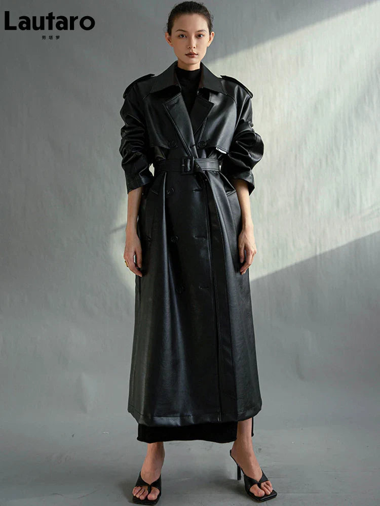 Women's Extra Long Oversized Black Faux Leather Trench Coat - Long Sleeve Belted Double Breasted Loose Fashion Coat for Fall/Winter | Perfect for Office, Date Night & Casual Outfits
