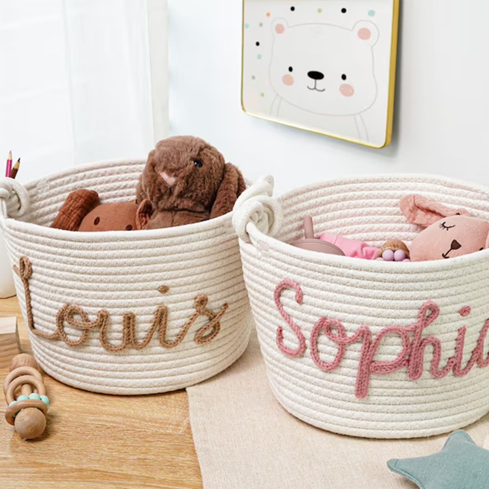Personalized Baby Name Basket - Custom Cotton Rope Baby Shower Gift, Diaper Caddy & Nursery Organizer for Newborn Essentials | Perfect for Baby Showers, Nursery Storage & Gift Giving (Style C)