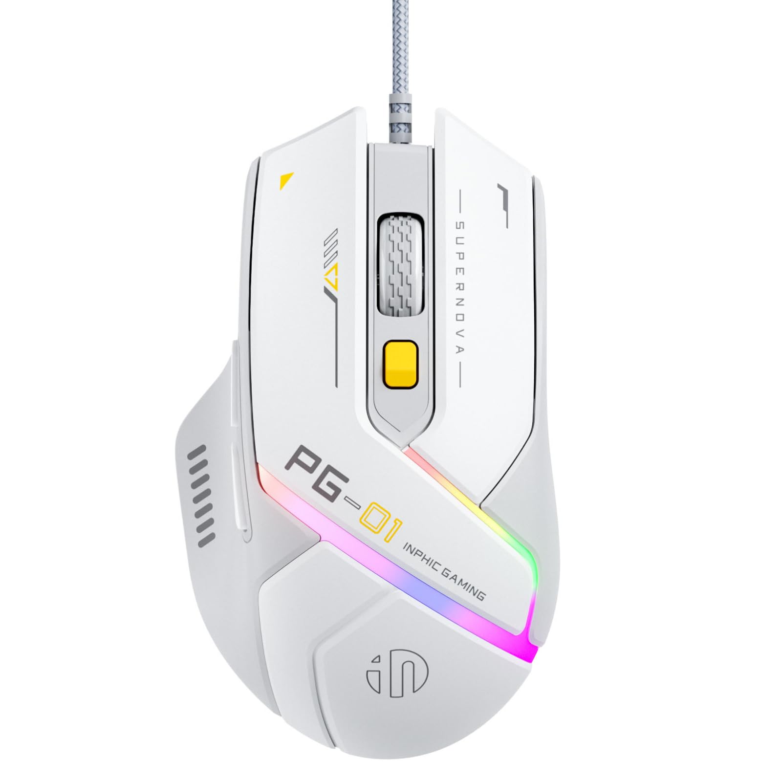 Lightweight Wired Gaming Mouse with 12800 DPI Adjustable, 6 Programmable Buttons & 12 RGB Lighting Modes - Ergonomic USB Optical PC Gaming Mouse for Laptop, Desktop - Perfect for FPS, MOBA Games and Office Work (White)
