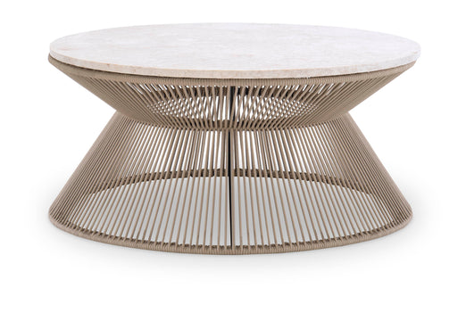 Biscayne Rope Cocktail Table with Travertine Top in Beige - Modern Coastal Living Room Furniture for Beach House Decor & Lounge Areas