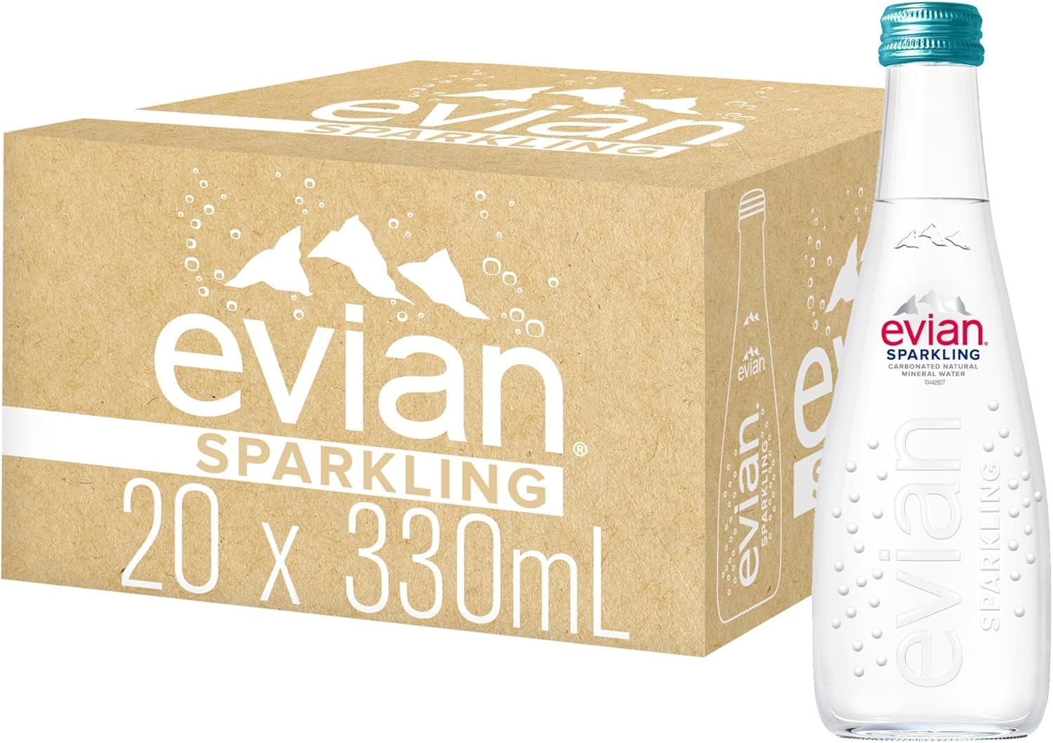 Evian Sparkling Carbonated Natural Mineral Water - 330ml Glass Bottles (Pack of 20) | Premium Hydration for Parties, Offices & Healthy Lifestyle