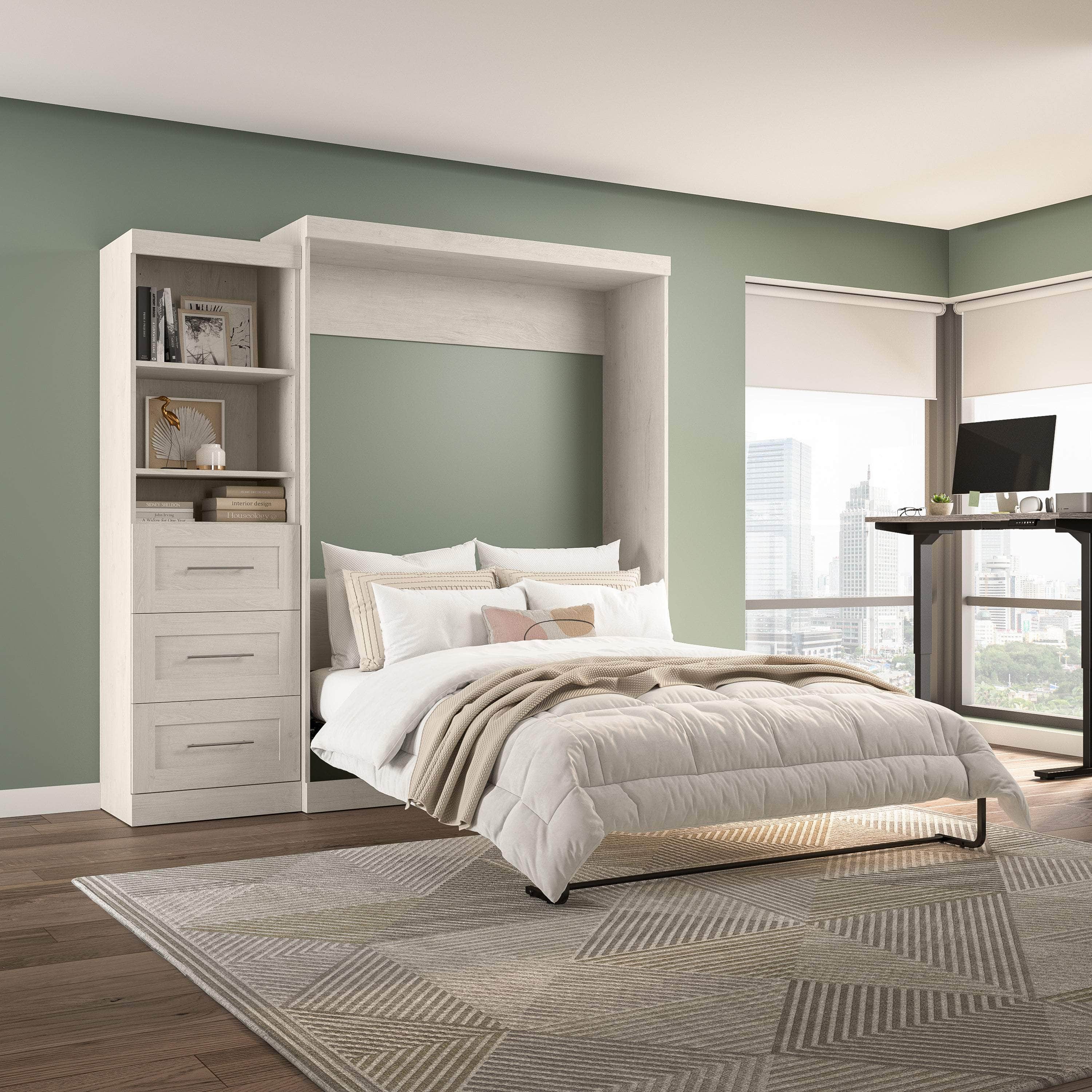 Queen Murphy Wall Bed with Storage Drawers - Space-Saving Foldable Bed for Small Rooms, Apartments & Guest Rooms (90