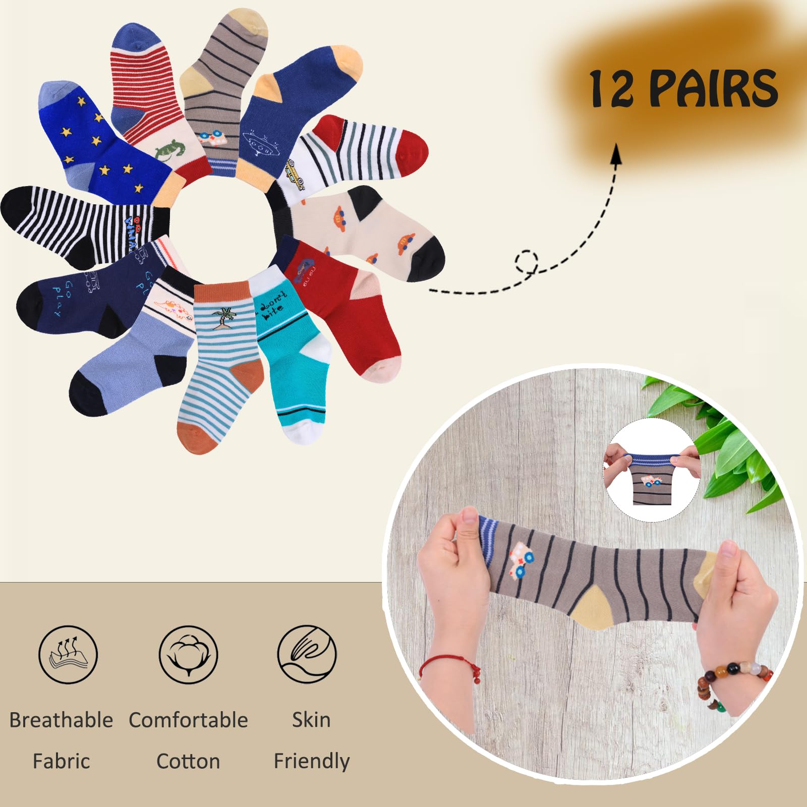 **Non-Slip Baby Boys' Dinosaur Socks - 12 Pack Crew Cotton Toddler Socks with Grips for Playtime & Daycare - Cute & Comfortable Kids' Socks**