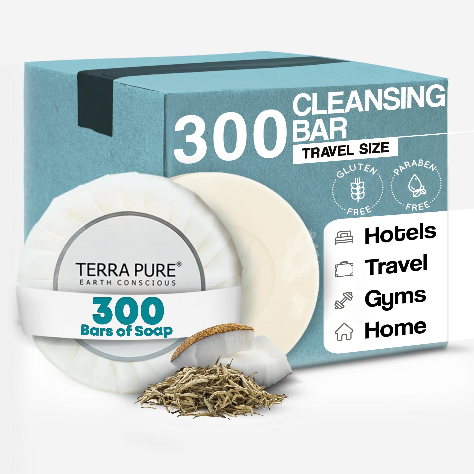 Terra Pure White Tea & Coconut Soap Bar - 1.25oz Travel Size Bulk Set (300 Pieces) | Natural Moisturizing Hand & Body Soap for Hotels, Gyms, Guest Bathrooms & Luxury Travel Essentials | Eco-Friendly Toiletries