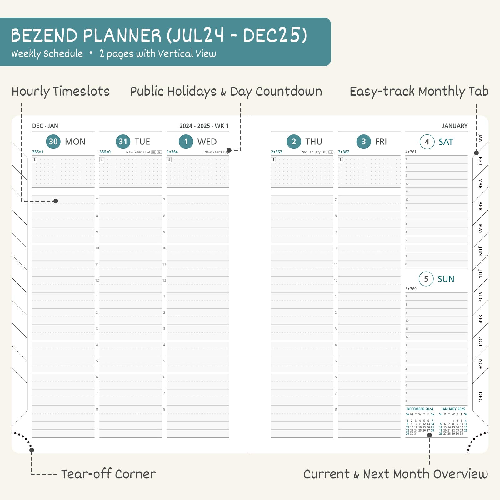 BEZEND 2024-2025 18-Month Academic Planner (July 2024 - December 2025) - Lavender Vegan Leather Hardcover, 5.8