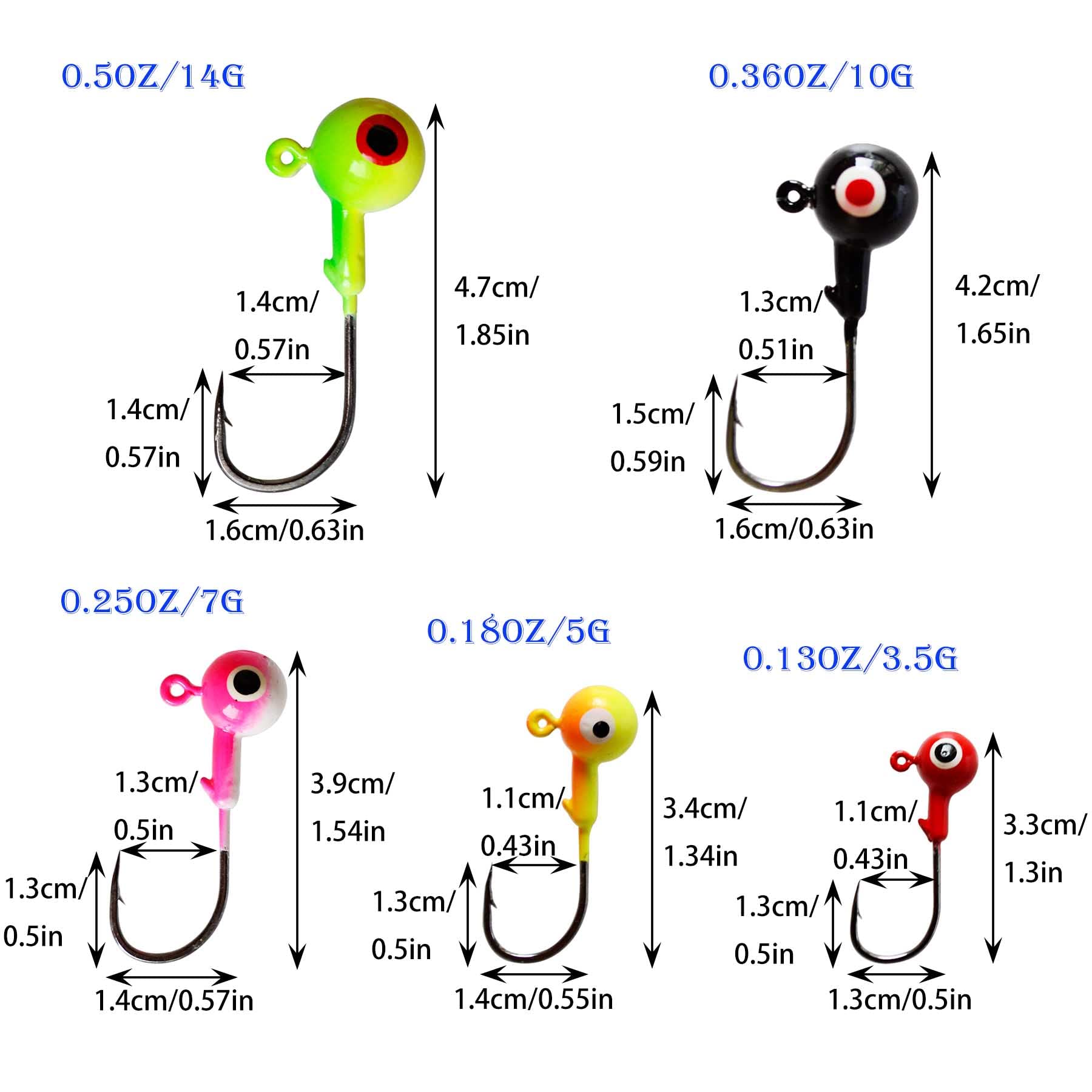 Premium 3D Eye Fishing Jig Heads - Sharp Ball Head Hooks for Bass, Trout & Saltwater/Freshwater Fishing (0.13oz-0.5oz Weights) - Ideal for Worm Lures & Tackle Box Organization