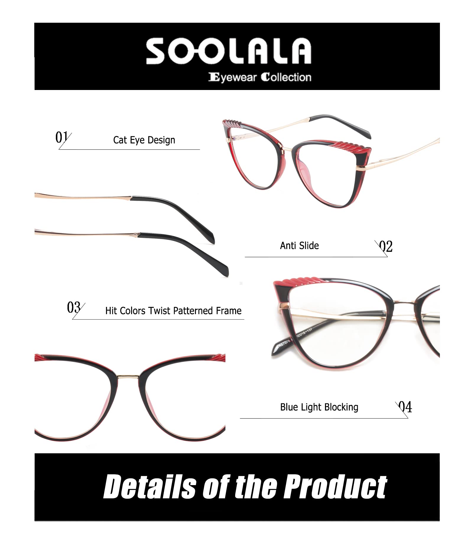 SOOLALA Women's Blue Light Blocking Glasses - TR90 Lightweight Spring Hinged Cat Eye Reading Glasses for Computer, Office & Nighttime Reading