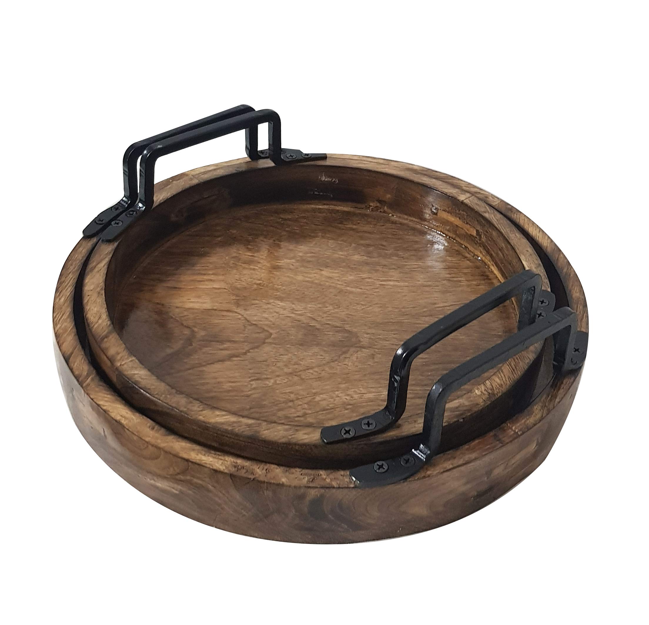 Handcrafted Rustic Wooden Serving Trays Set of 2 - Round Antique Brown Wood Trays with Handles for Kitchen, Dining, Coffee Table Decor & Entertaining