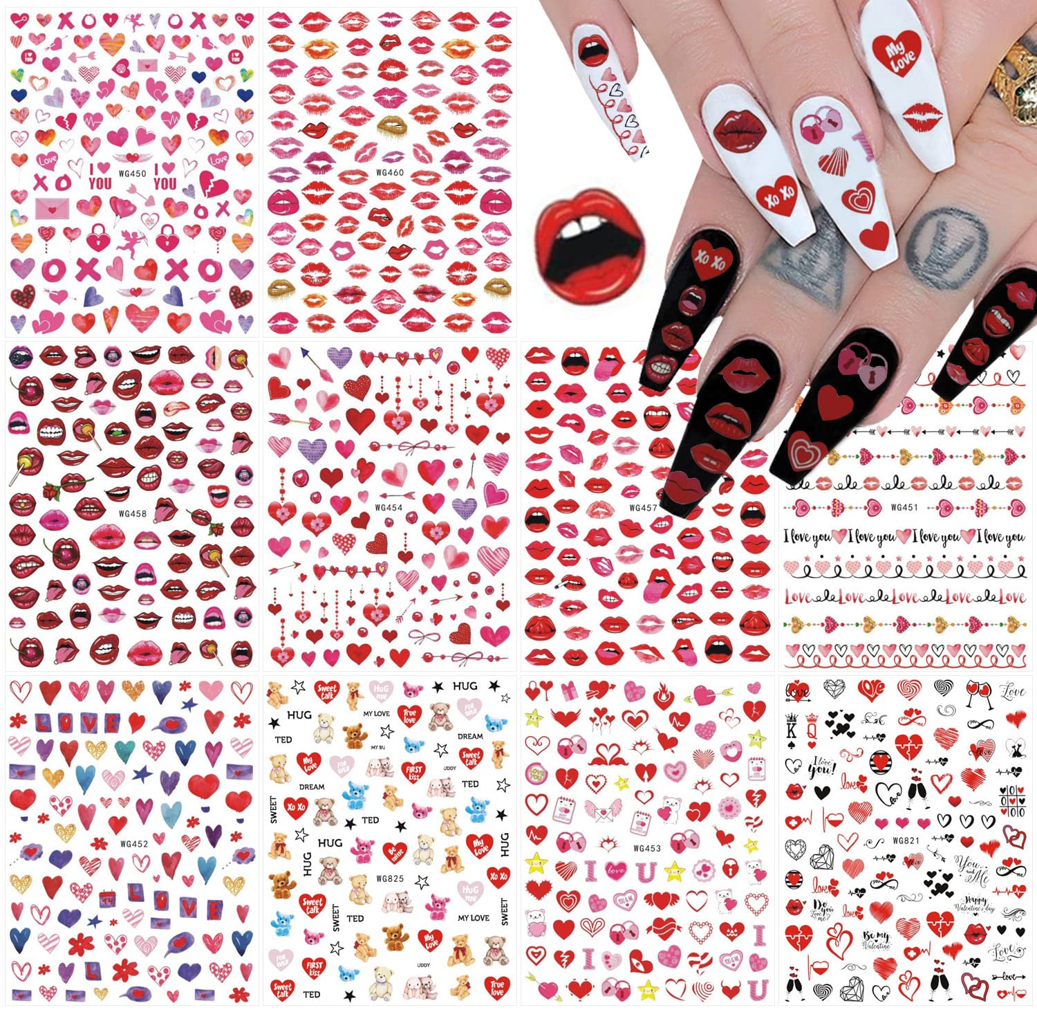 10 Sheets Valentine's Day 3D Heart Nail Stickers - Self-Adhesive Nail Decals with Romantic Bear, Love Heart & Red Lips Design for Women, Girls & Kids - Perfect for Valentine's Nail Art, Parties & DIY Nail Decoration
