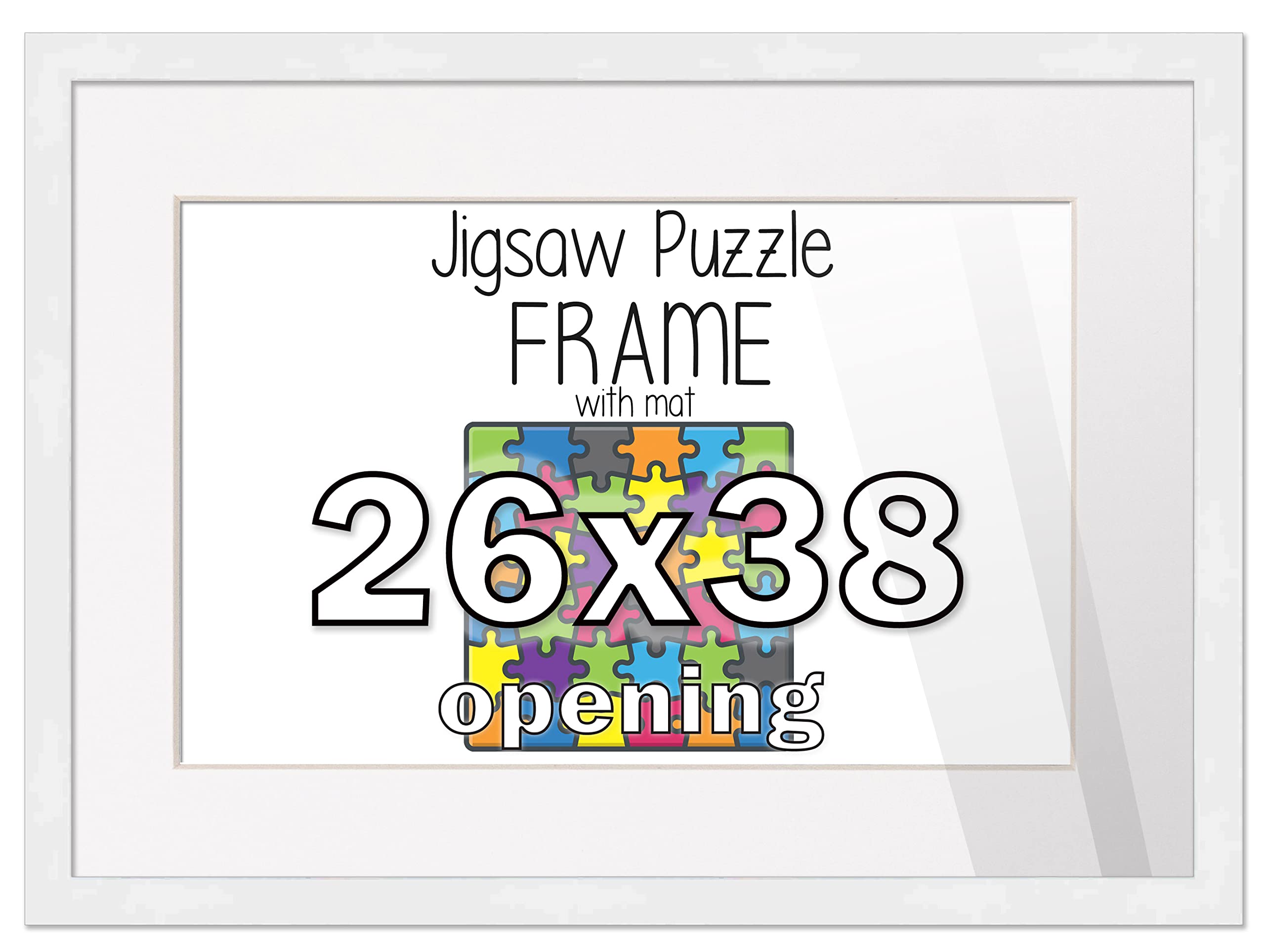 28x40 White Solid Wood Picture Frame with White Photo Mat - Perfect for Displaying 26x38 Puzzles | Includes Acrylic Plexiglass, Foam Board Backing, Hanging Hardware & Peel & Stick Puzzle Glue Sheets | Ideal for Home Decor, Office Display or Gift Giving