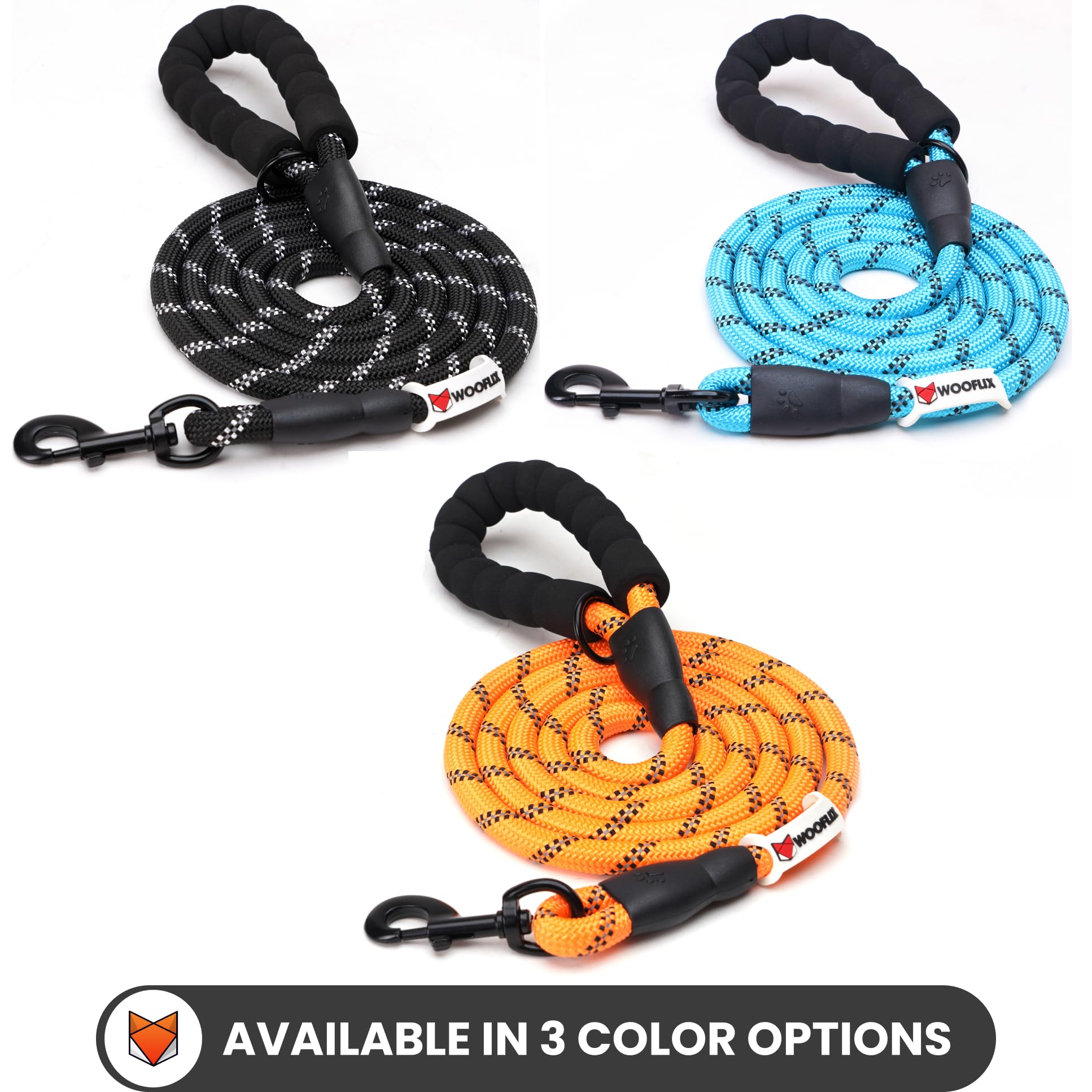 Wooflix Heavy Duty Nylon Dog Leash - 5FT Reflective Dog Leash with Anti-Slip Padded Handle for Medium & Large Dogs | Durable Training Leash for Walking, Running, Hiking & Outdoor Adventures (Black)