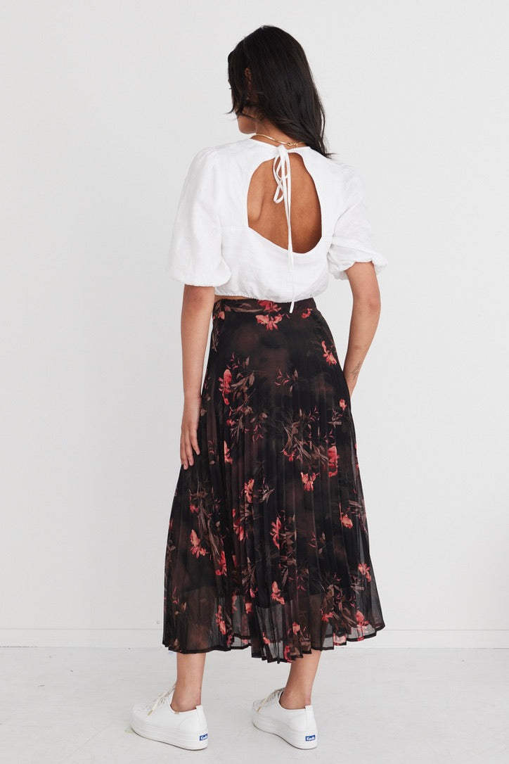 Elegant Black Orchid Chiffon Pleated Midi Skirt for Women | Flowy A-Line Summer Skirt | Perfect for Parties, Weddings & Office Wear