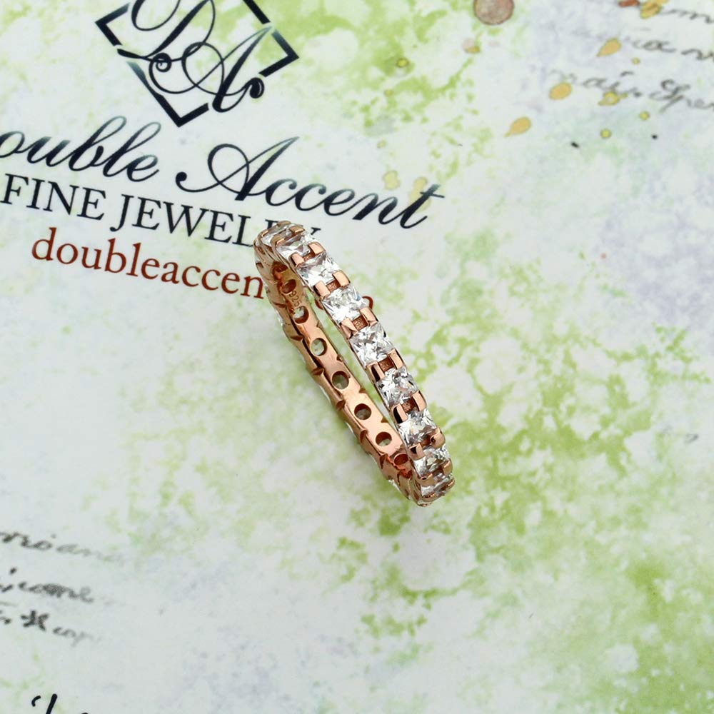 14K Rose Gold Plated Sterling Silver Princess Cut Cubic Zirconia Eternity Ring Band - 3MM Width, Sizes 4-12 - Perfect for Weddings, Anniversaries & Romantic Gifts