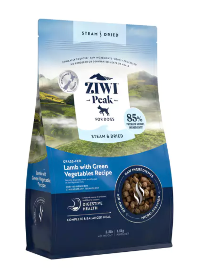 Ziwi Peak Lamb with Green Vegetables Steam Dried Dog Food - High Protein Grain-Free Natural Dog Treats for Small & Large Breeds - Perfect for Training, Rewards & Outdoor Adventures