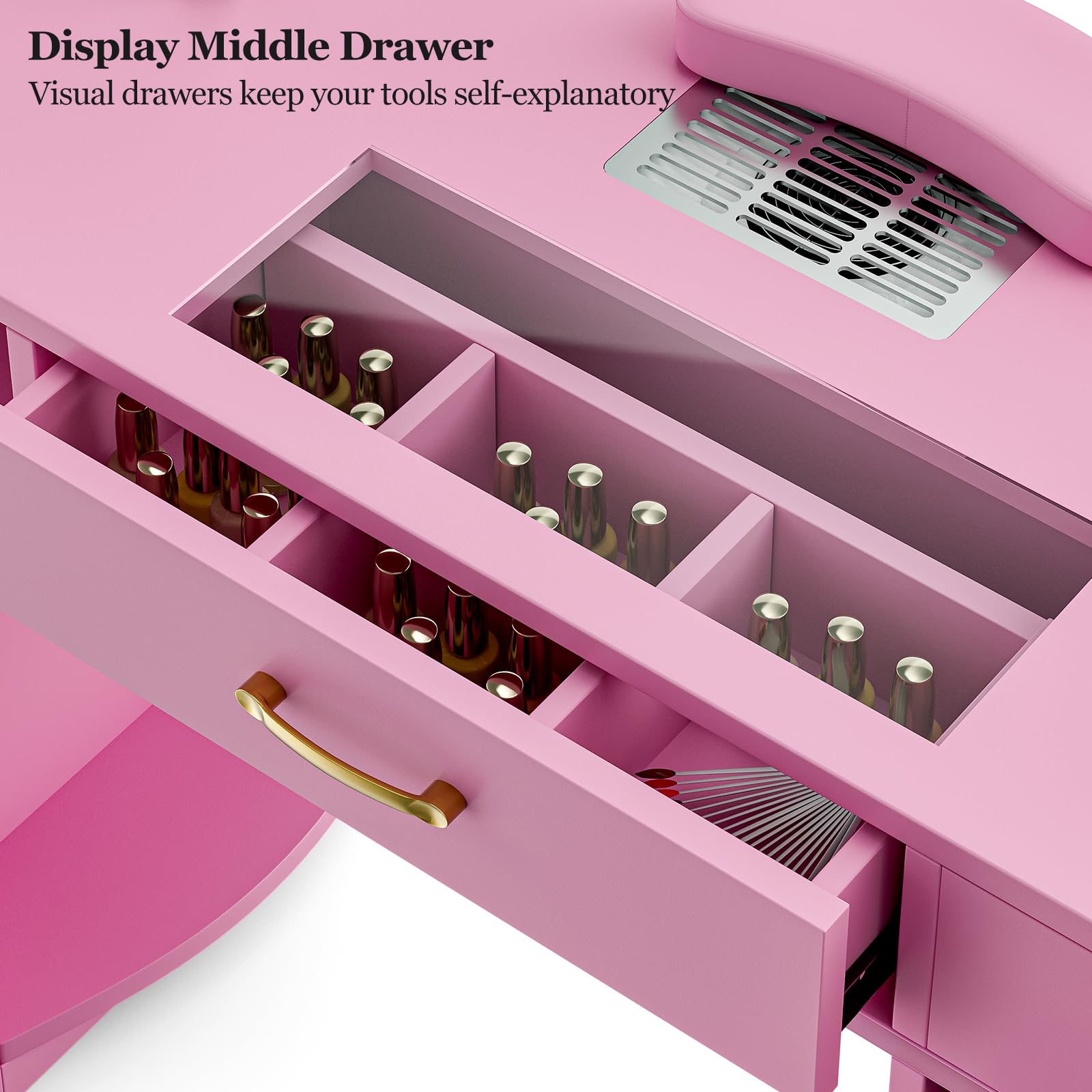 Professional Manicure Table Nail Station for Nail Technicians - Glass Top Nail Table with Electric Dust Collector, 7 Drawers & 3-Tier Shelves - Nail Salon Workstation with Wrist Cushion & Golden Handles (Pink) - Perfect for Nail Salons, Home Studios & Professional Nail Artists