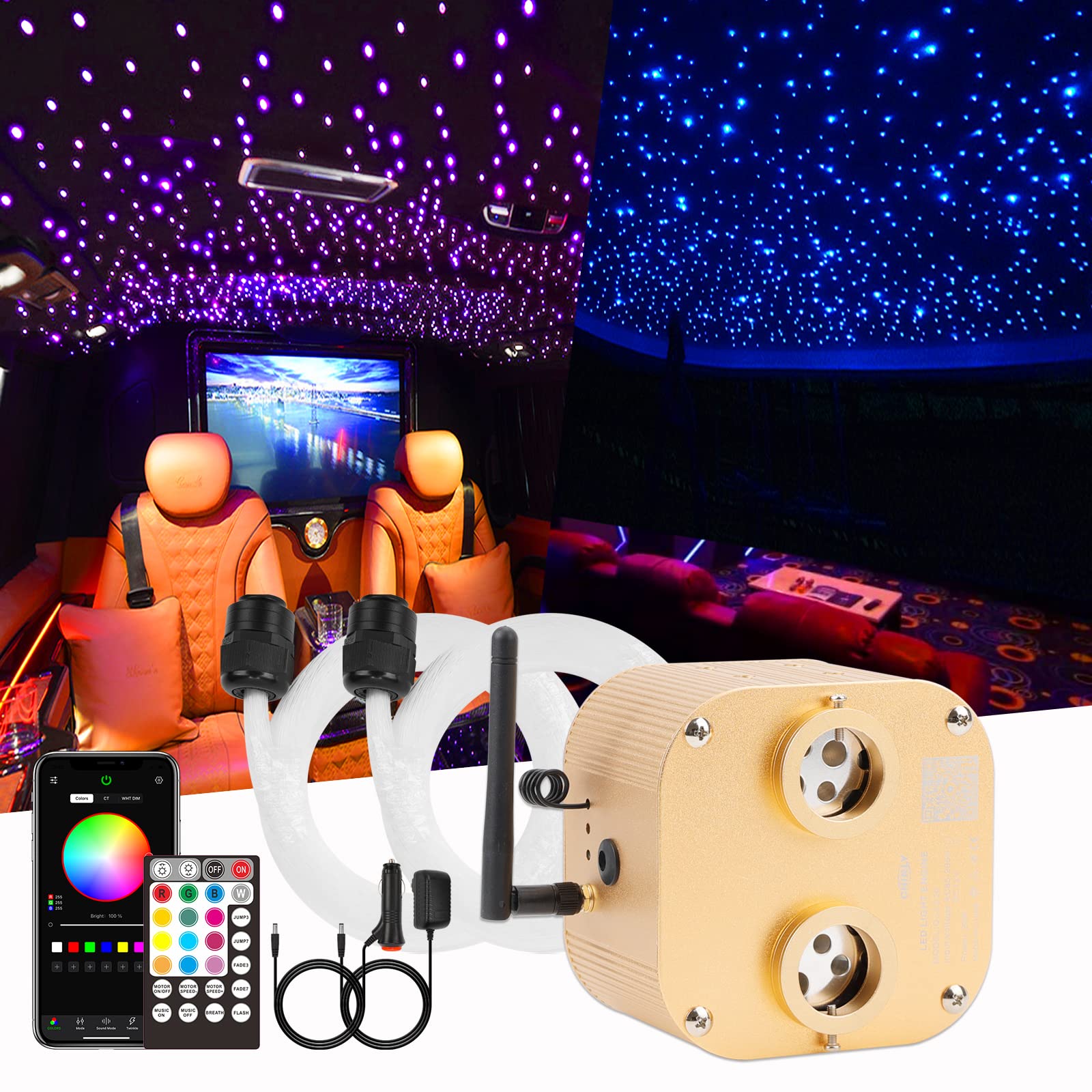 CHINLY 1000pcs Fiber Optic Star Ceiling Light Kit - 13.1ft Twinkle Starlight Headliner with Bluetooth RGBW LED, APP/Remote Control & Music Mode (Includes 10 Crystals) for Home Theater, Bedroom, and Car Ceiling Decor